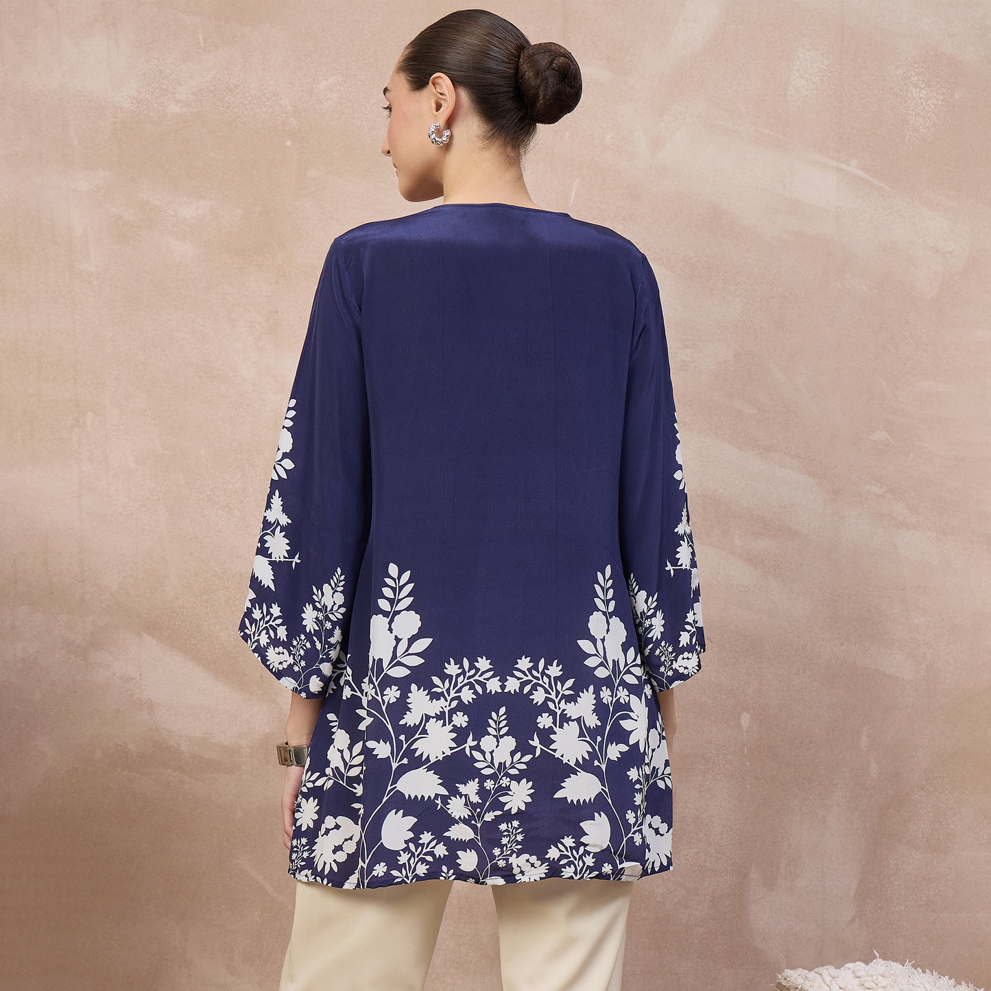 Navy Blue Floral Print Top for Women – Viscose Crepe – Detail View | First Resort by Ramola Bachchan