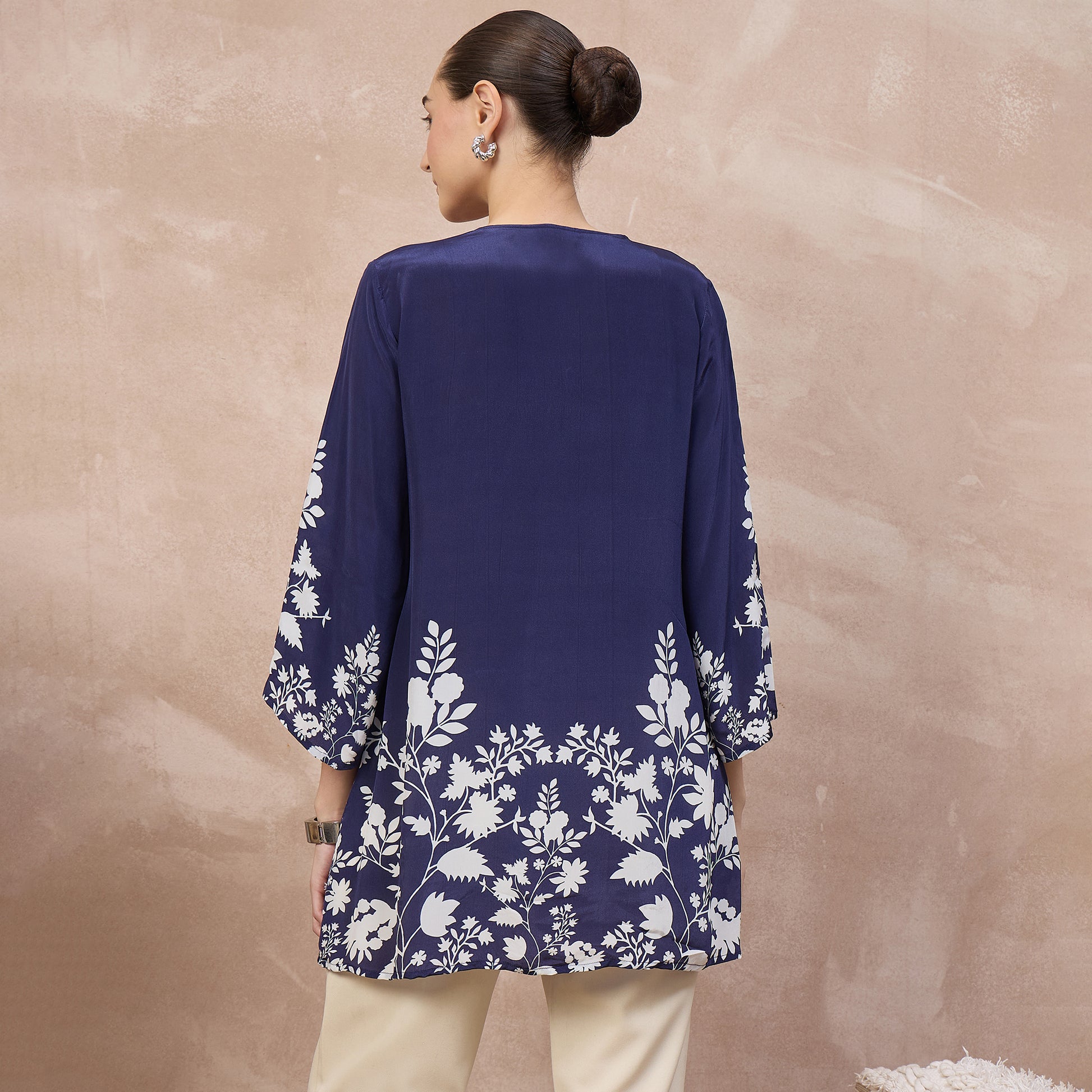 Navy Blue Floral Print Top for Women – Viscose Crepe – Detail View | First Resort by Ramola Bachchan