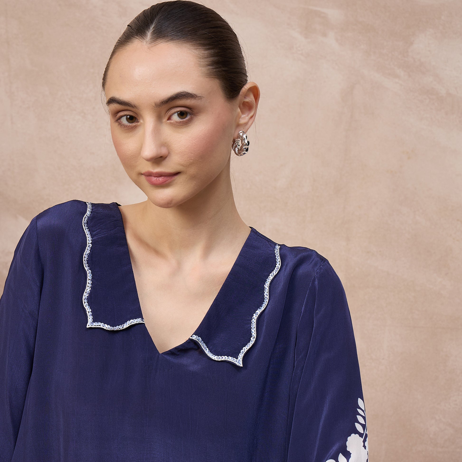 Navy Blue Floral Print Top for Women – Viscose Crepe – Back View | First Resort by Ramola Bachchan