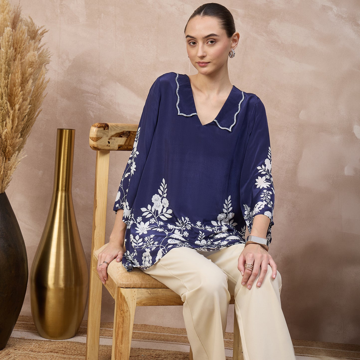 Navy Blue Floral Print Top for Women – Viscose Crepe – Close Up | First Resort by Ramola Bachchan