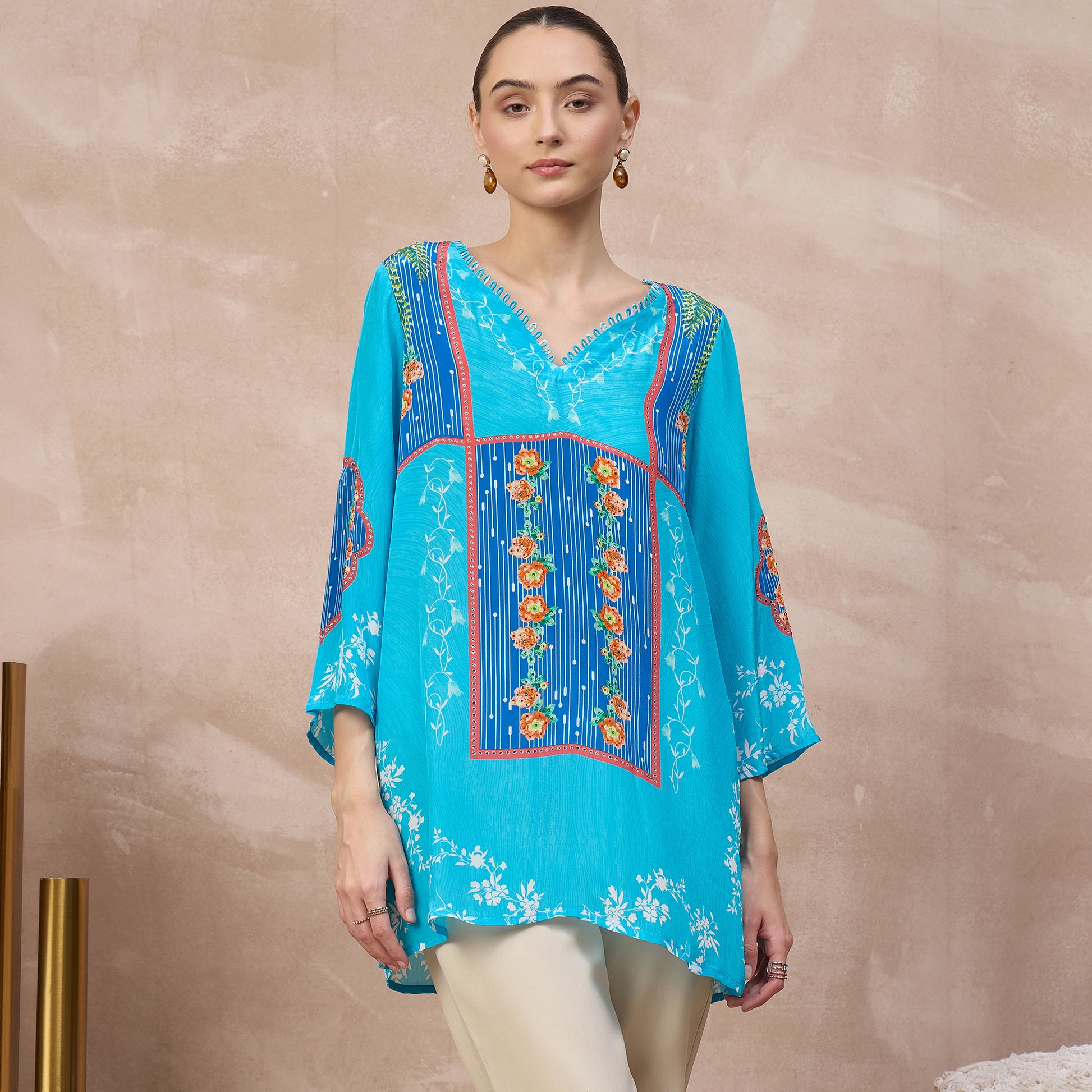 Blue Floral Print Top for Women – Viscose Crepe | First Resort by Ramola Bachchan