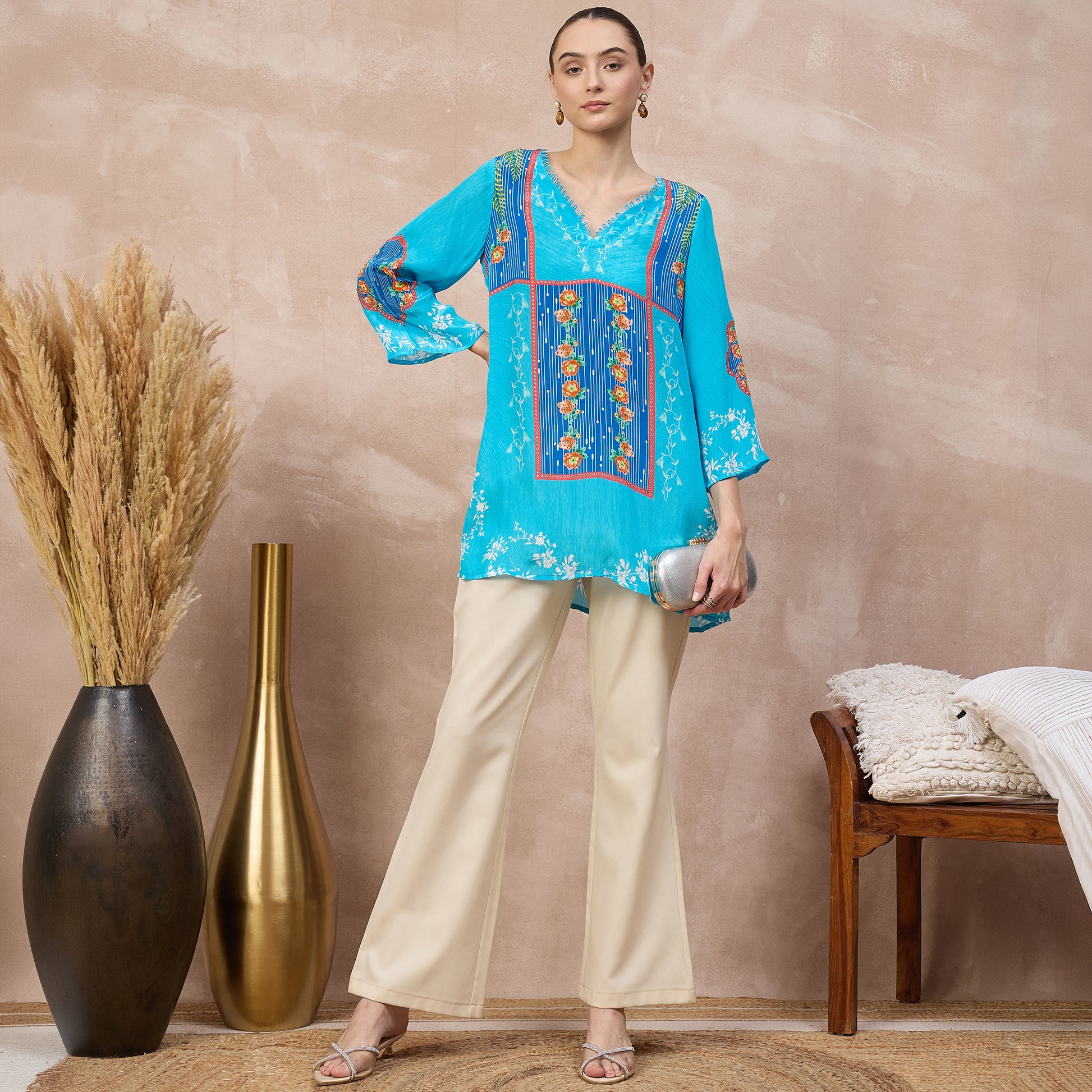 Blue Floral Print Top for Women – Viscose Crepe – Front View | First Resort by Ramola Bachchan