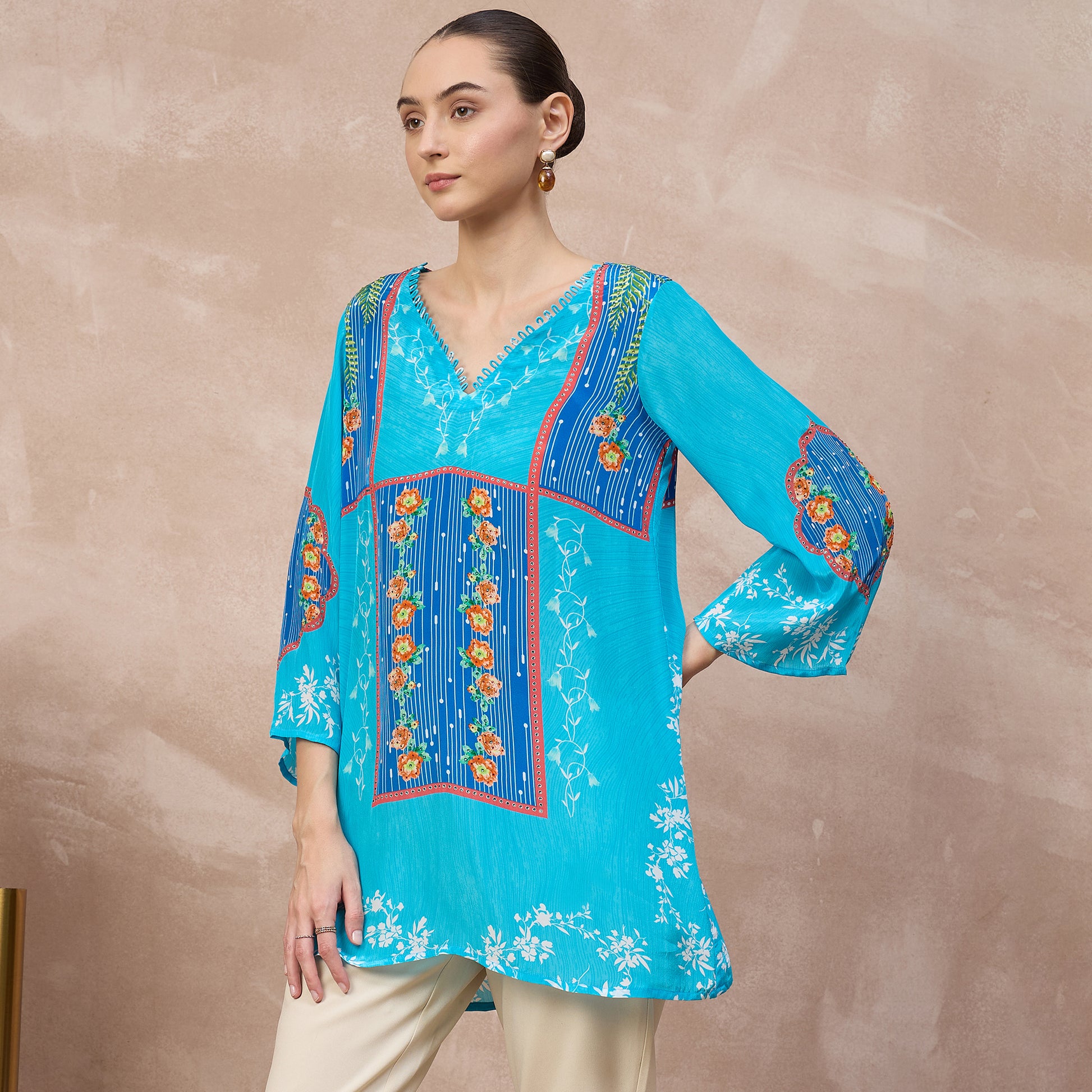 Blue Floral Print Top for Women – Viscose Crepe – Model View | First Resort by Ramola Bachchan