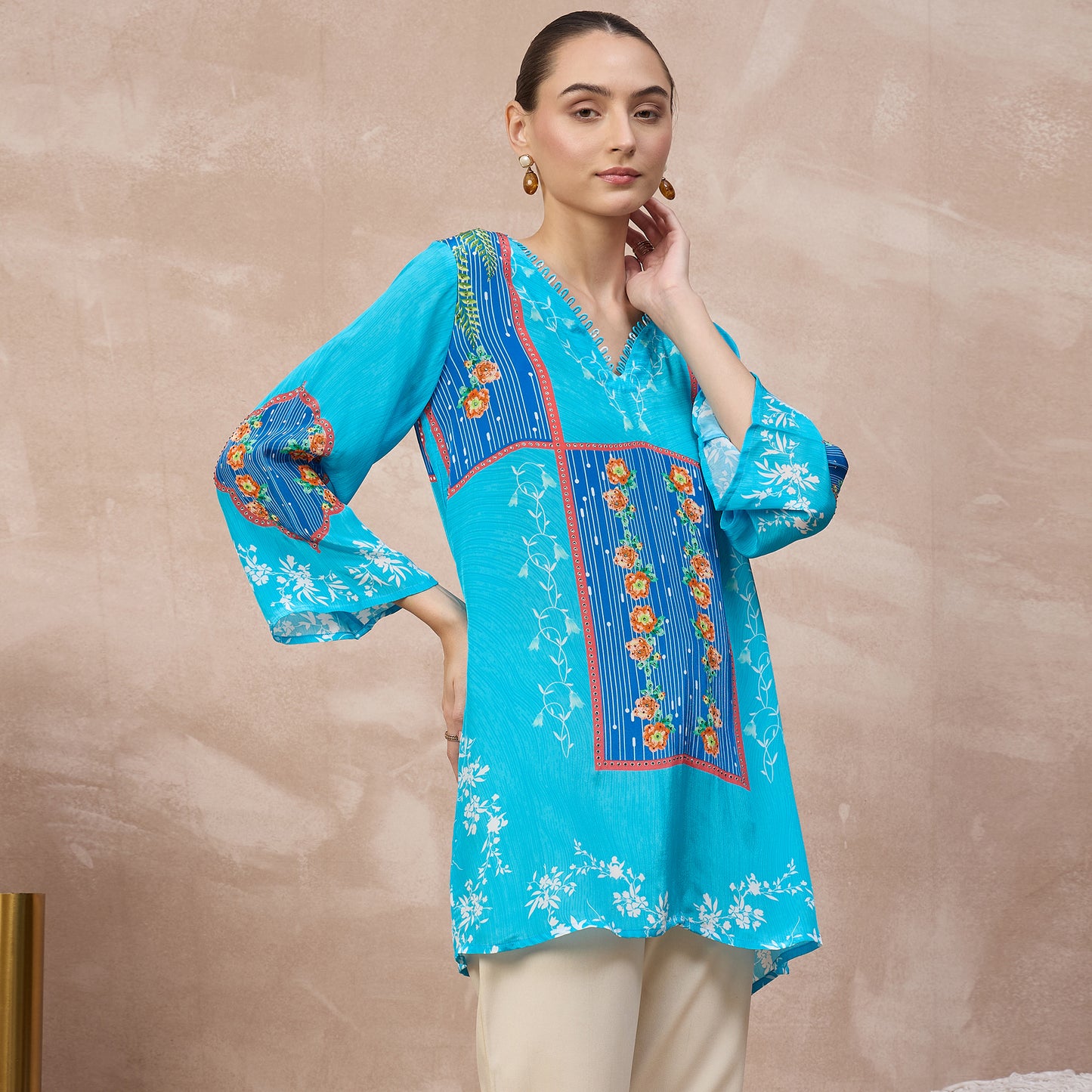 Blue Floral Print Top for Women – Viscose Crepe – Side View | First Resort by Ramola Bachchan