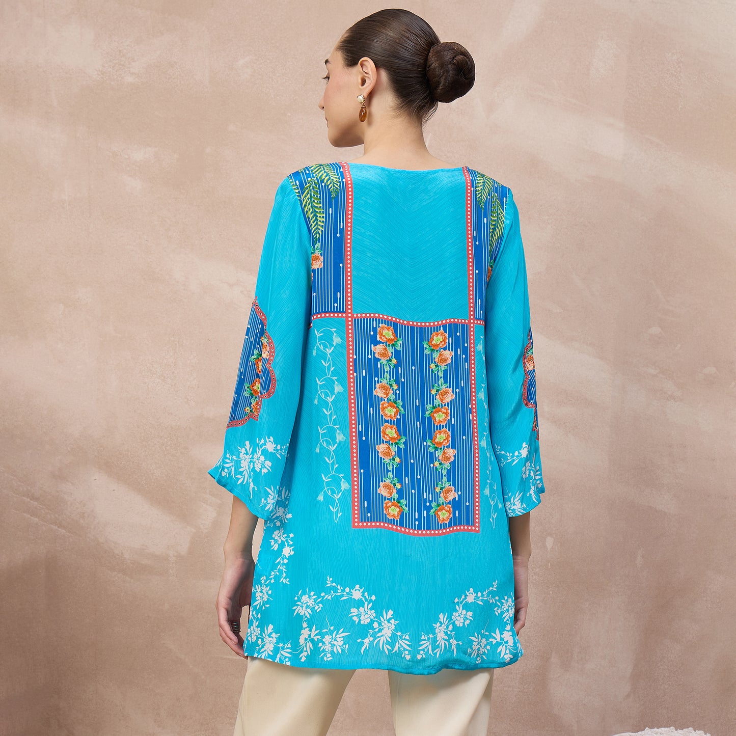 Blue Floral Print Top for Women – Viscose Crepe – Detail View | First Resort by Ramola Bachchan