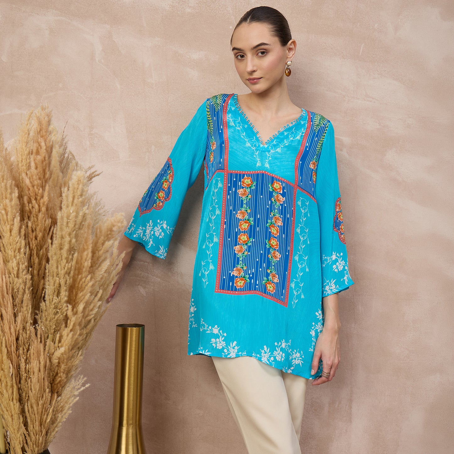 Blue Floral Print Top for Women – Viscose Crepe – Back View | First Resort by Ramola Bachchan