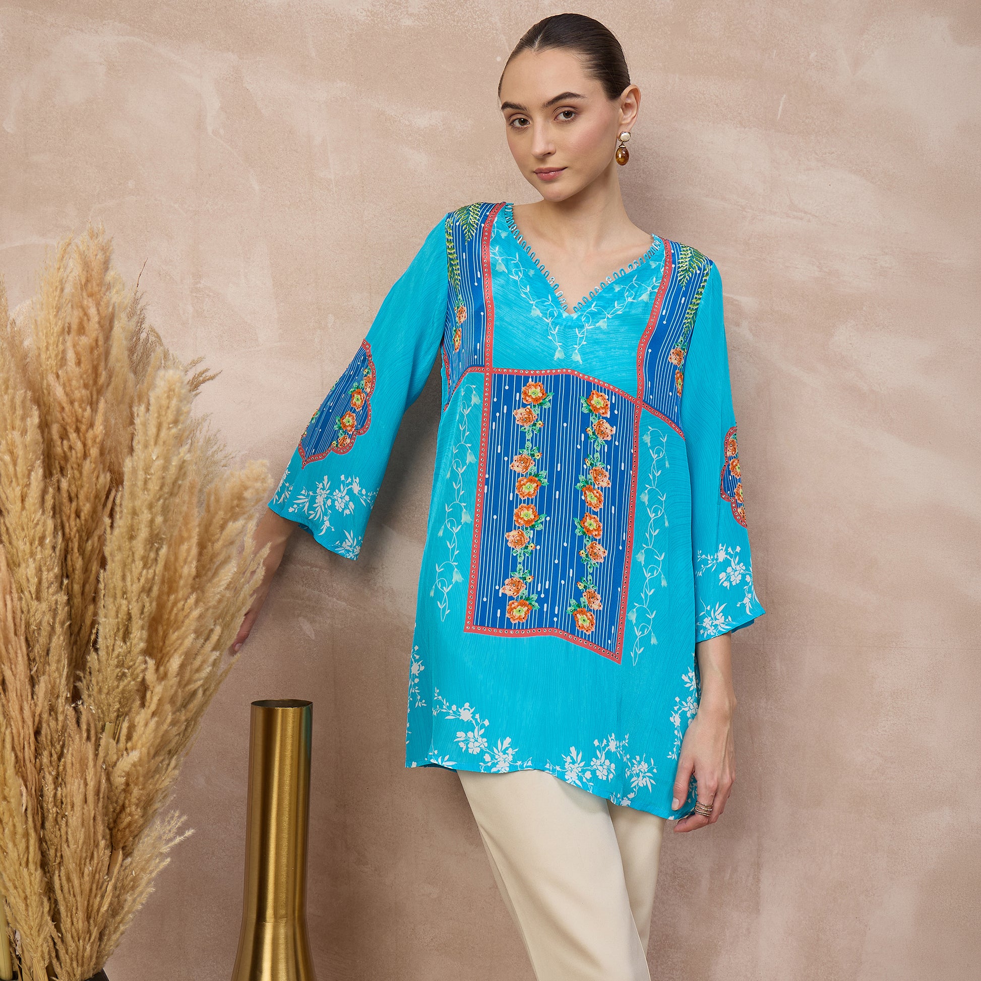 Blue Floral Print Top for Women – Viscose Crepe – Back View | First Resort by Ramola Bachchan