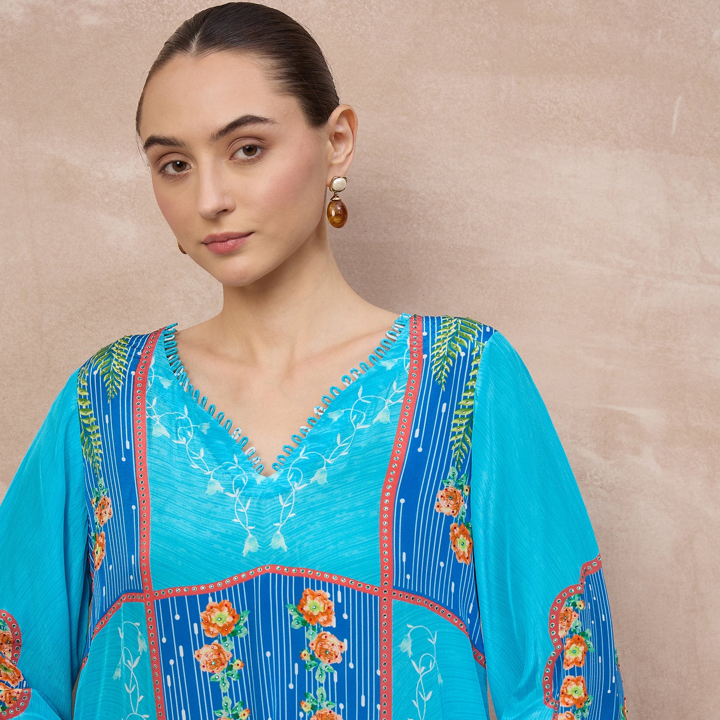 Blue Floral Print Top for Women – Viscose Crepe – Close Up | First Resort by Ramola Bachchan
