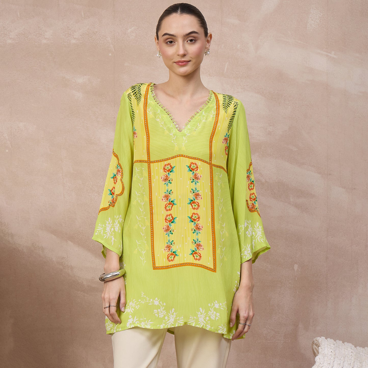Lime Floral Print Top for Women – Viscose Crepe | First Resort by Ramola Bachchan