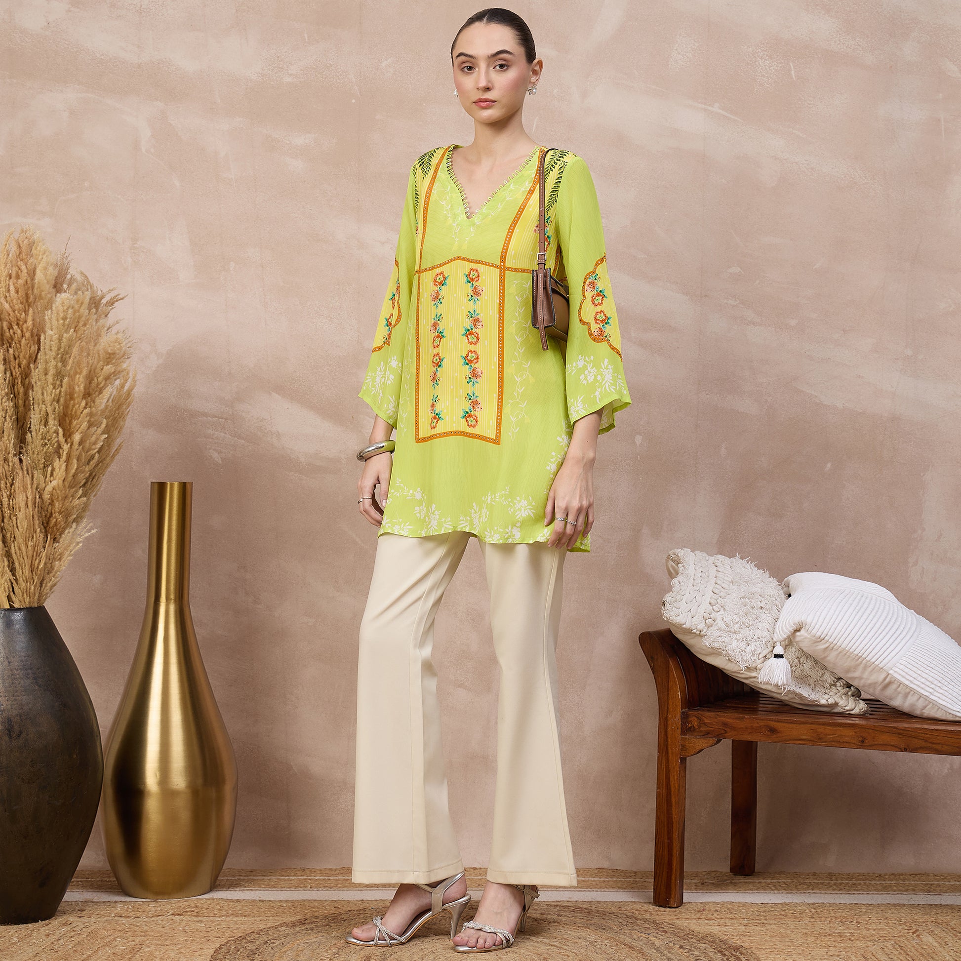 Lime Floral Print Top for Women – Viscose Crepe – Front View | First Resort by Ramola Bachchan
