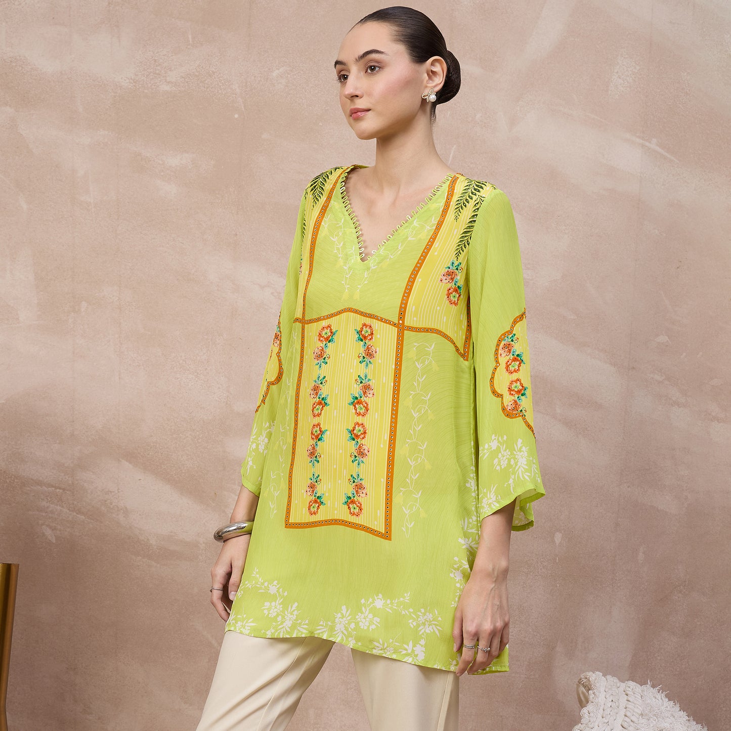 Lime Floral Print Top for Women – Viscose Crepe – Model View | First Resort by Ramola Bachchan