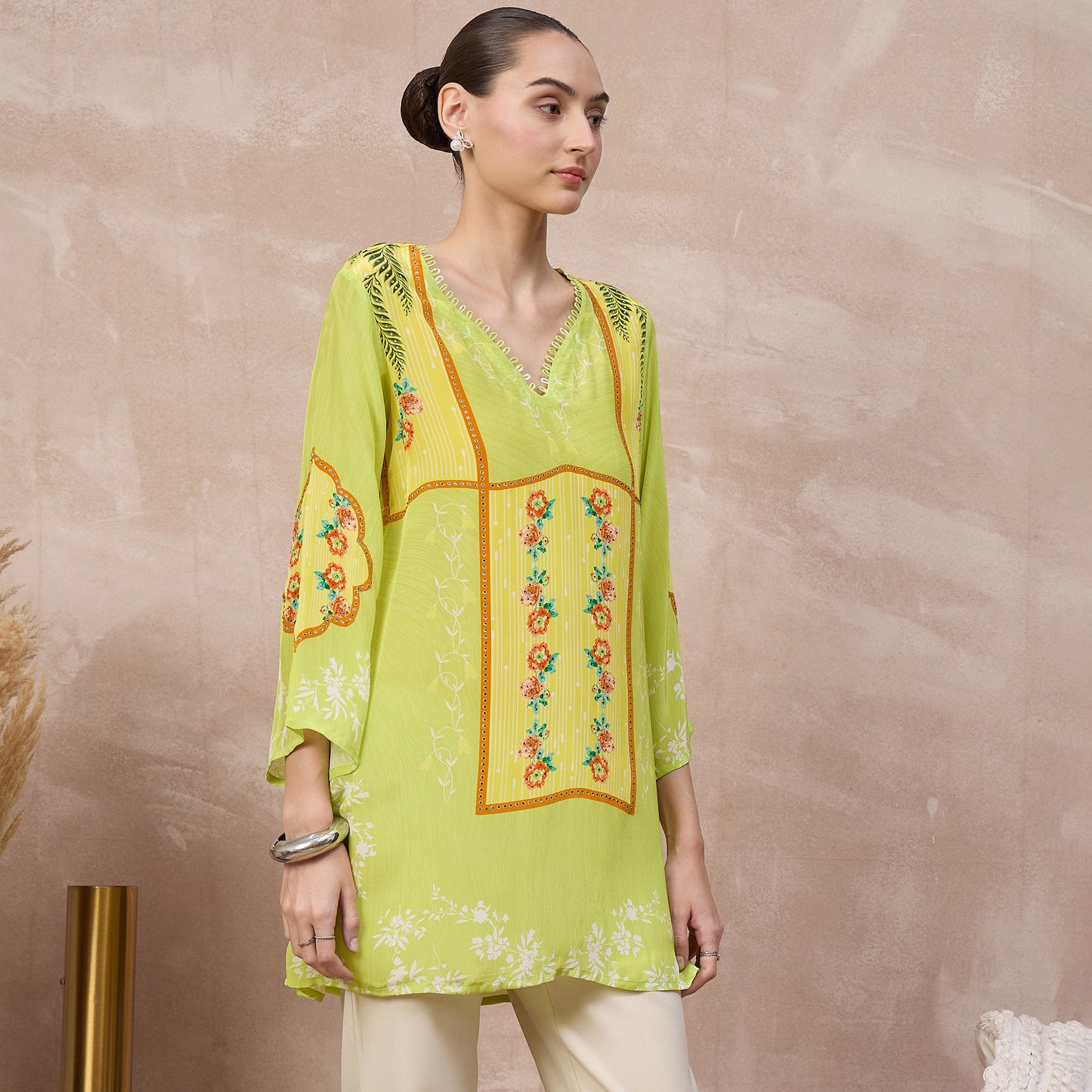 Lime Floral Print Top for Women – Viscose Crepe – Side View | First Resort by Ramola Bachchan