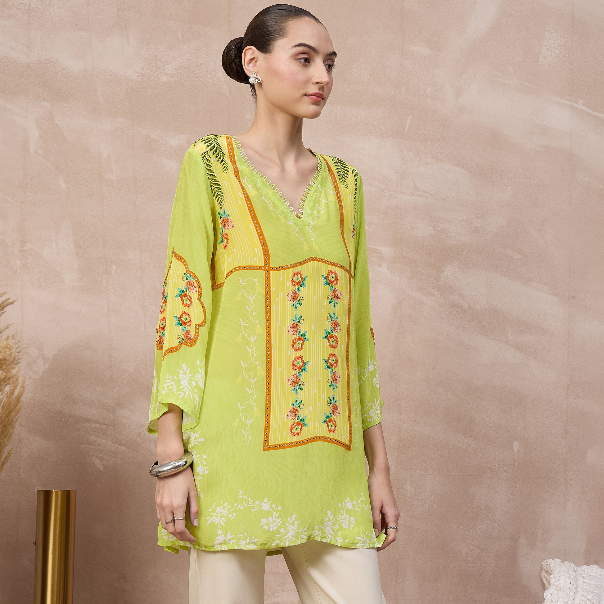 Lime Floral Print Top for Women – Viscose Crepe – Side View | First Resort by Ramola Bachchan