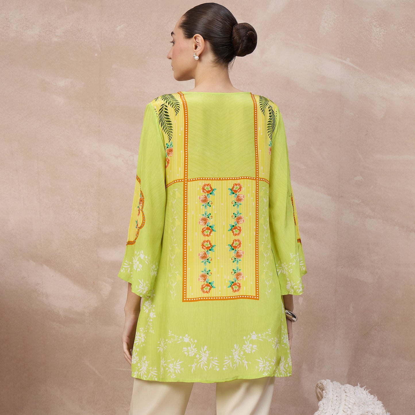 Lime Floral Print Top for Women – Viscose Crepe – Detail View | First Resort by Ramola Bachchan