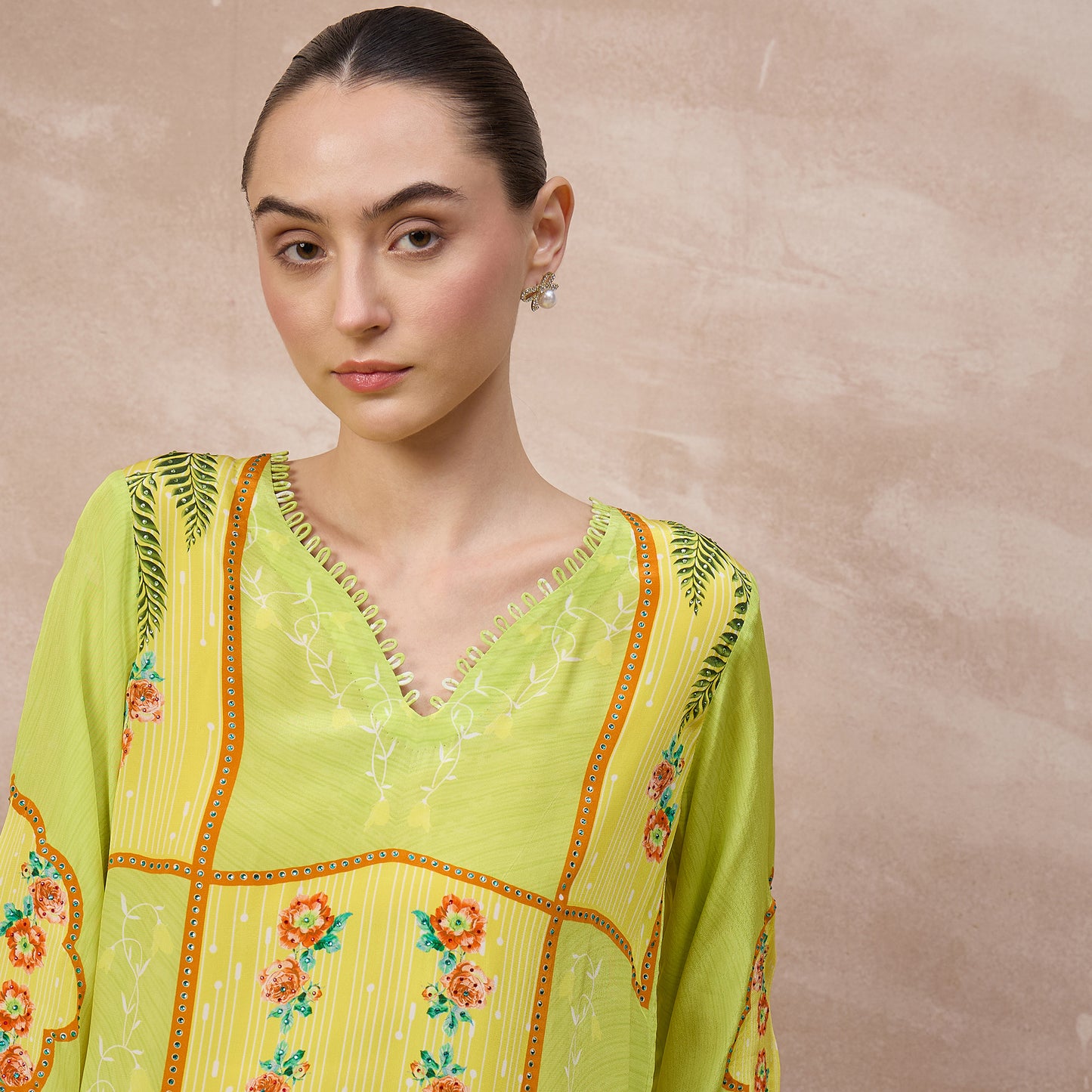 Lime Floral Print Top for Women – Viscose Crepe – Back View | First Resort by Ramola Bachchan