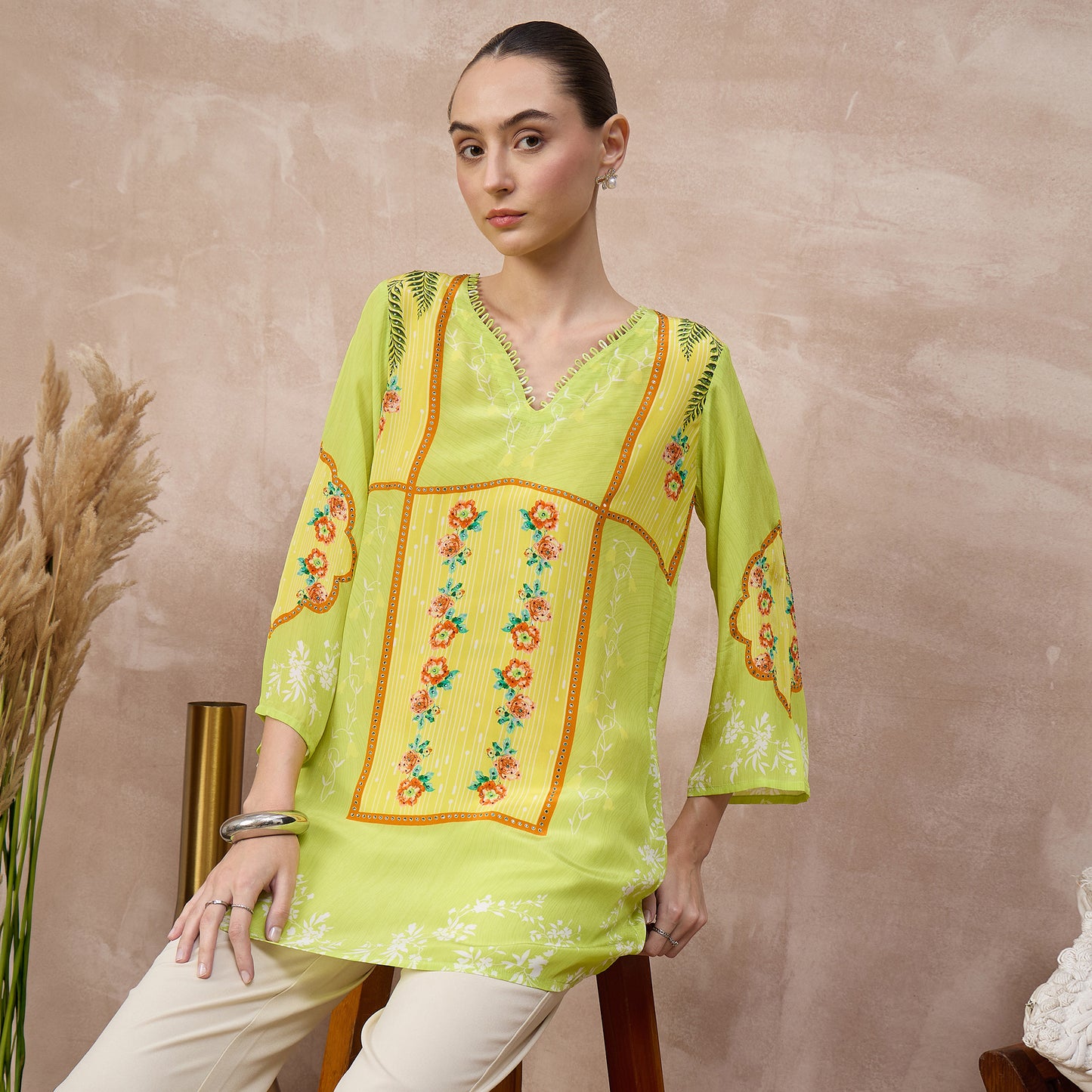 Lime Floral Print Top for Women – Viscose Crepe – Close Up | First Resort by Ramola Bachchan