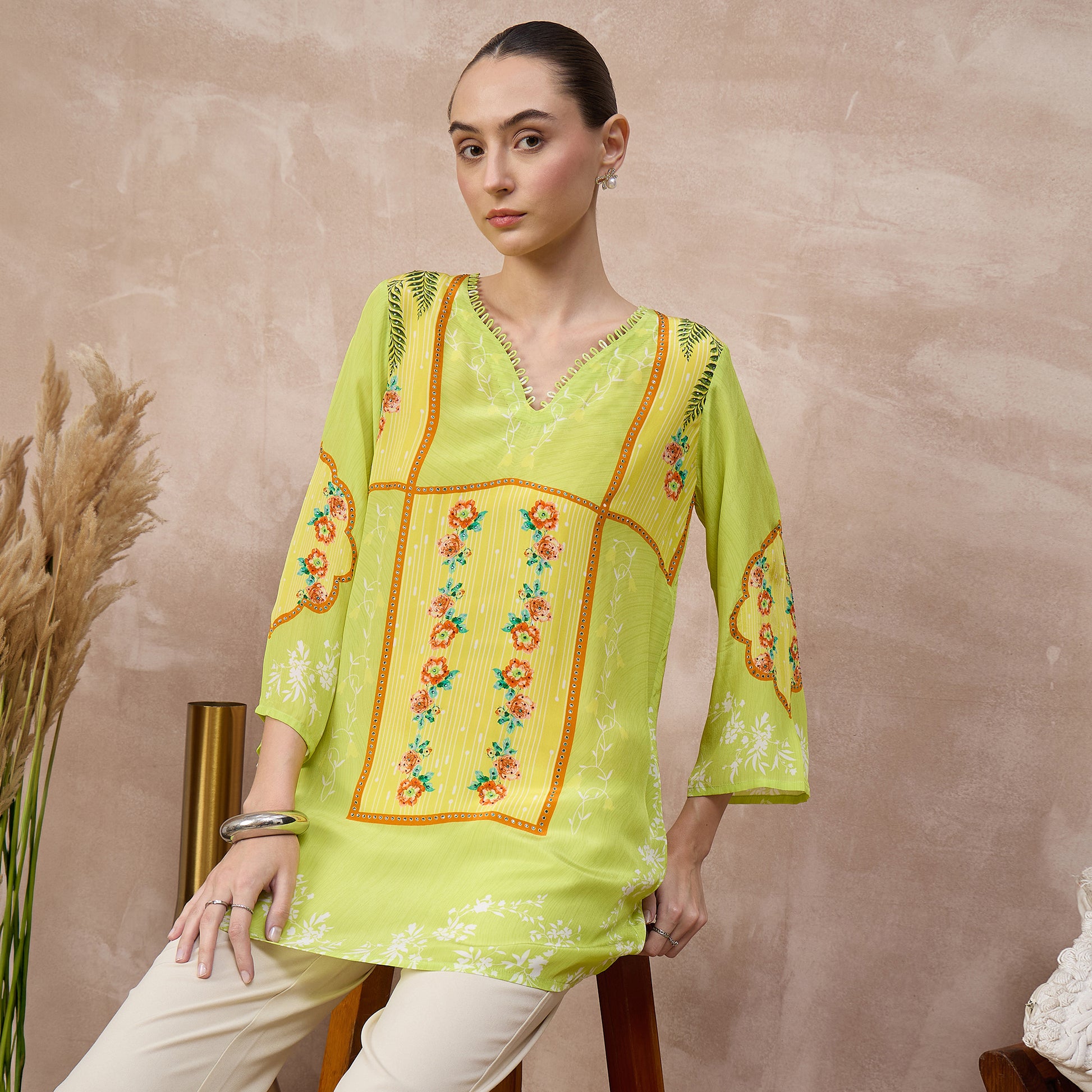 Lime Floral Print Top for Women – Viscose Crepe – Close Up | First Resort by Ramola Bachchan