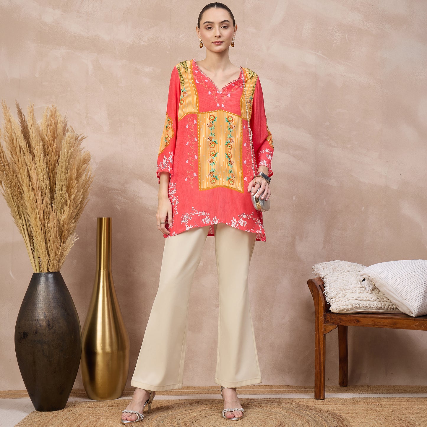 Red Floral Print Top for Women – Viscose Crepe – Front View | First Resort by Ramola Bachchan