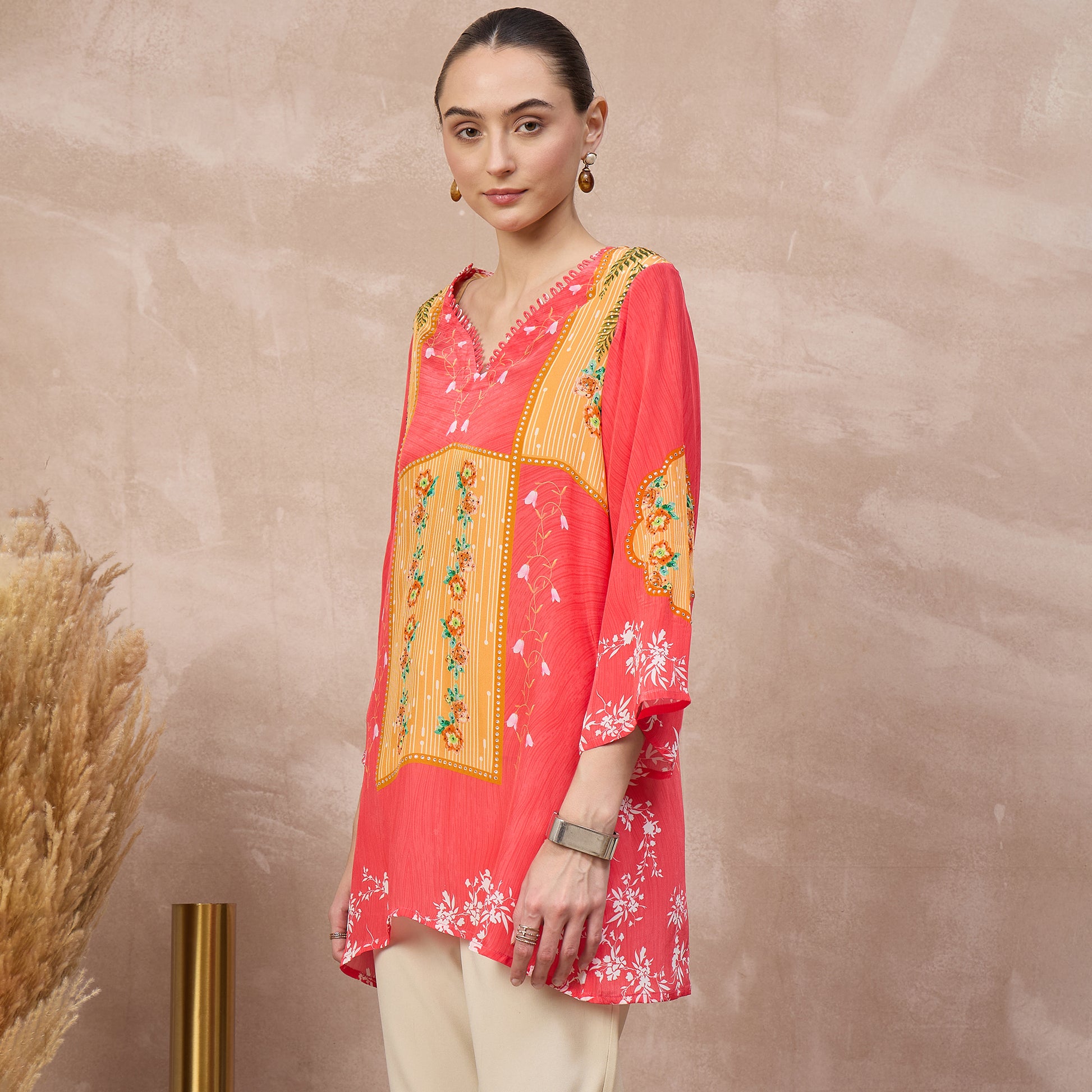 Red Floral Print Top for Women – Viscose Crepe – Model View | First Resort by Ramola Bachchan
