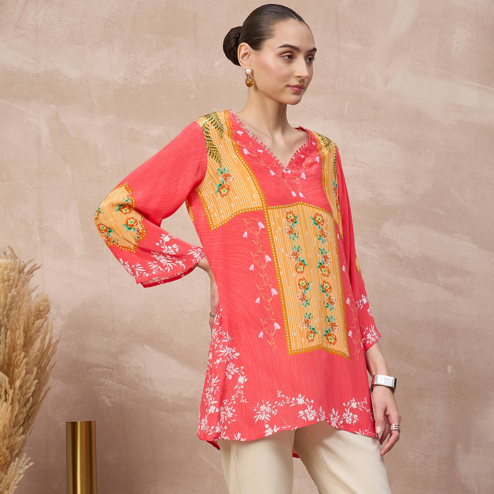 Red Floral Print Top for Women – Viscose Crepe – Side View | First Resort by Ramola Bachchan