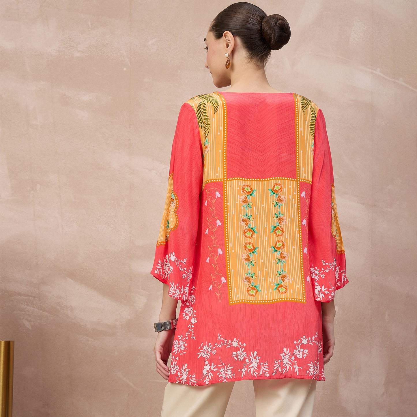 Red Floral Print Top for Women – Viscose Crepe – Detail View | First Resort by Ramola Bachchan