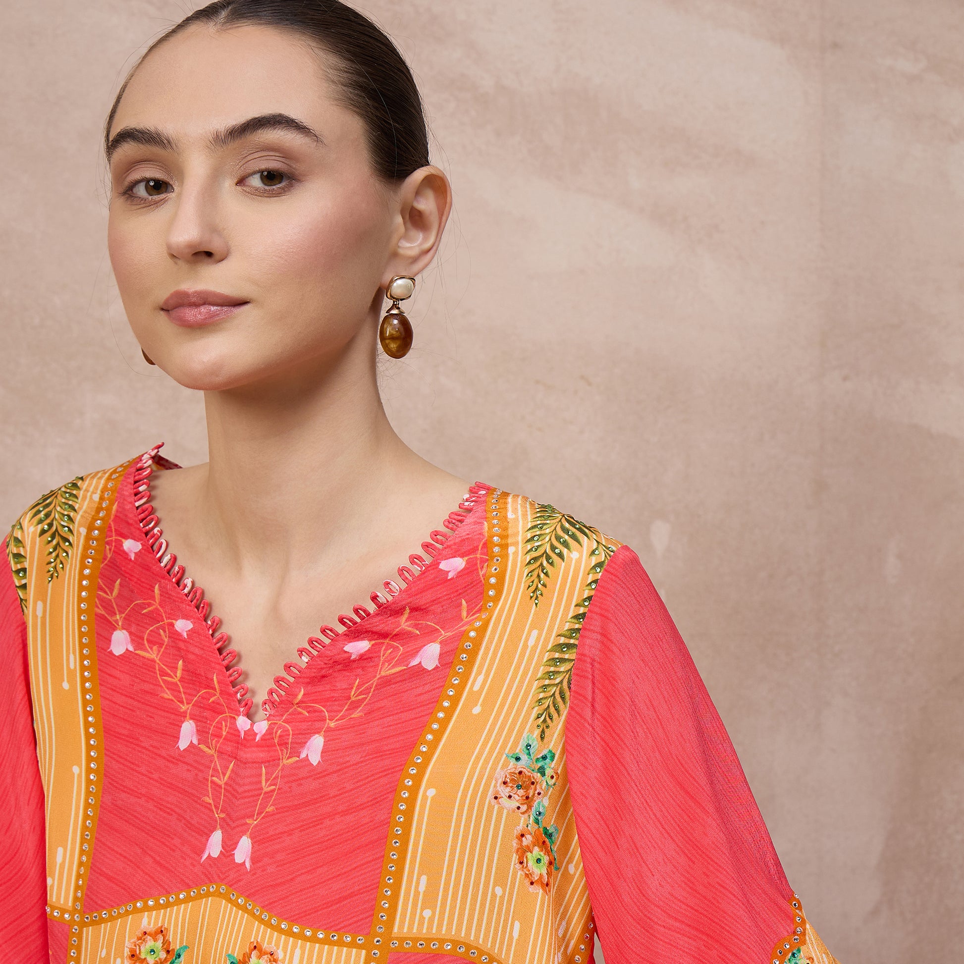Red Floral Print Top for Women – Viscose Crepe – Back View | First Resort by Ramola Bachchan
