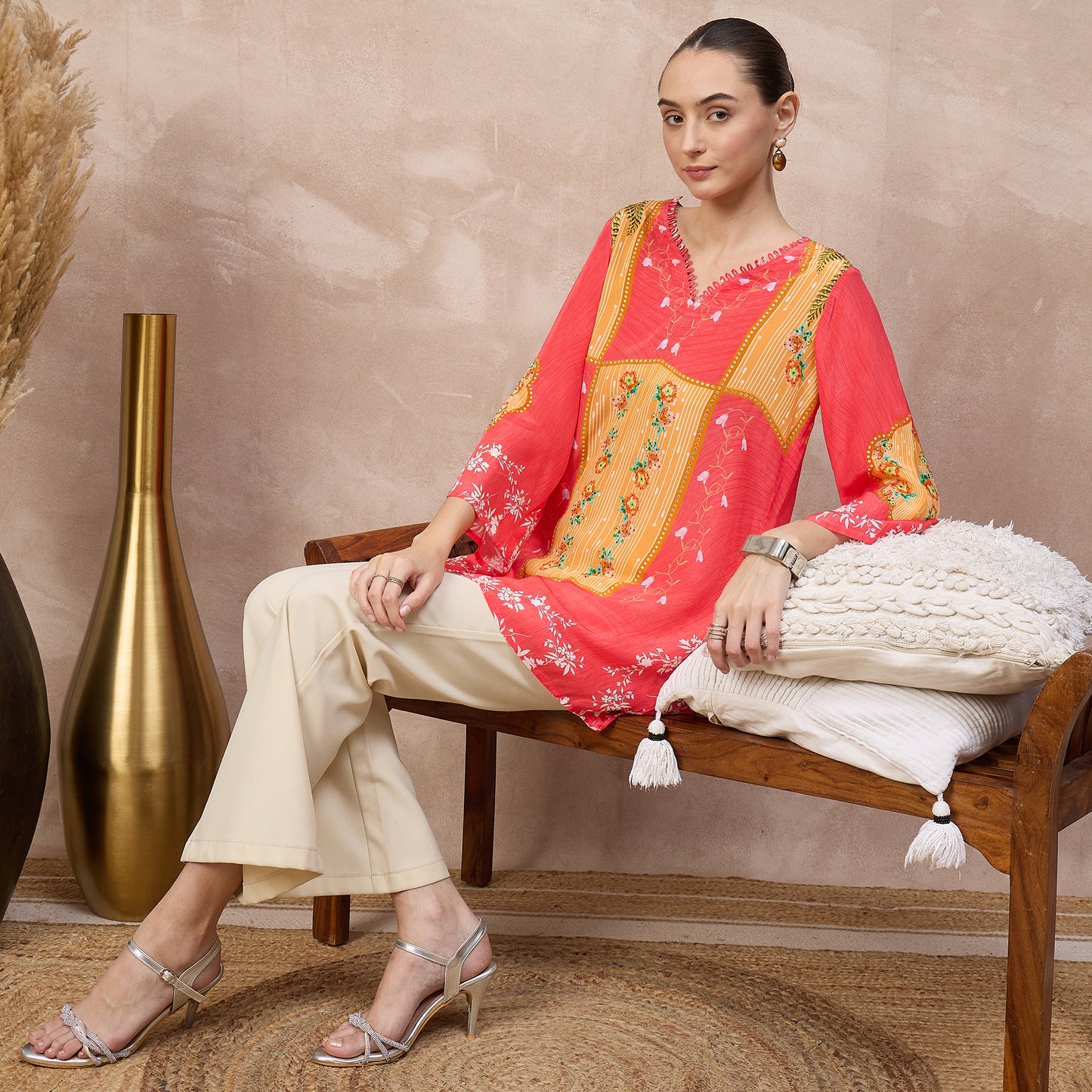 Red Floral Print Top for Women – Viscose Crepe – Close Up | First Resort by Ramola Bachchan