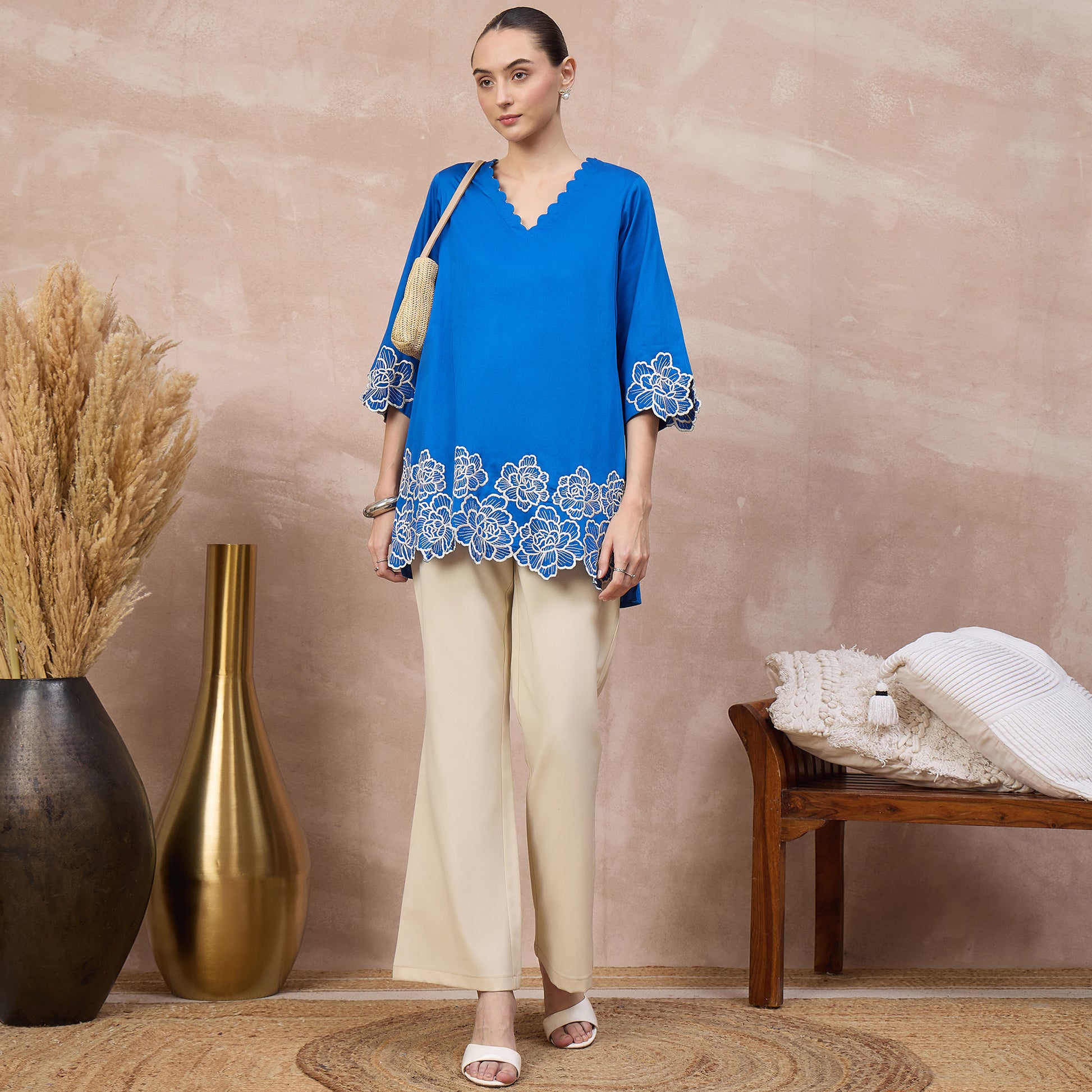 Blue Top for Women – Cotton Satin – Front View | First Resort by Ramola Bachchan