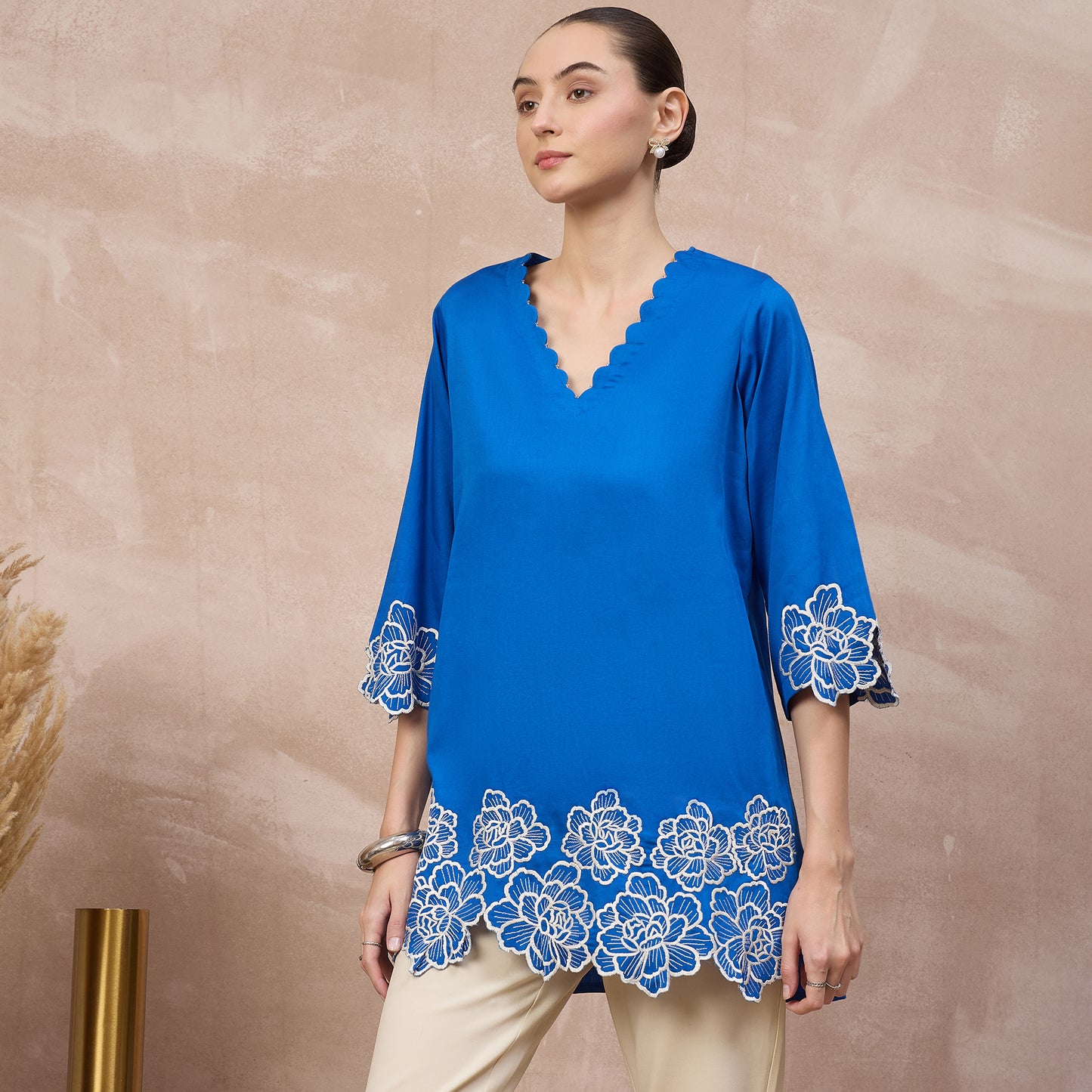 Blue Top for Women – Cotton Satin – Model View | First Resort by Ramola Bachchan