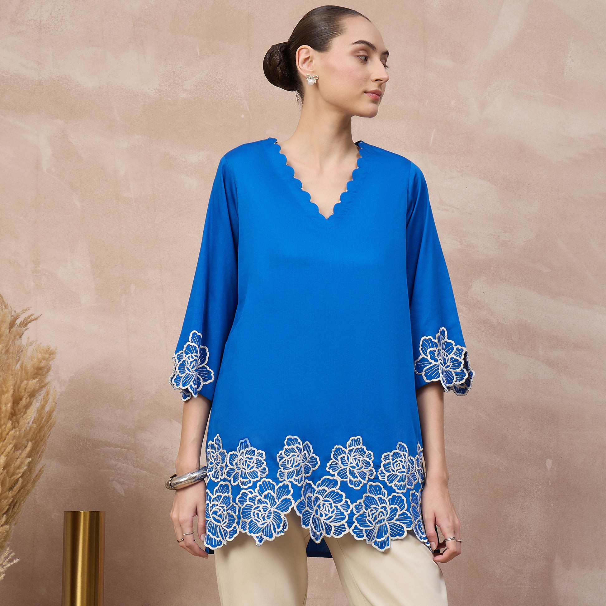 Blue Top for Women – Cotton Satin – Side View | First Resort by Ramola Bachchan