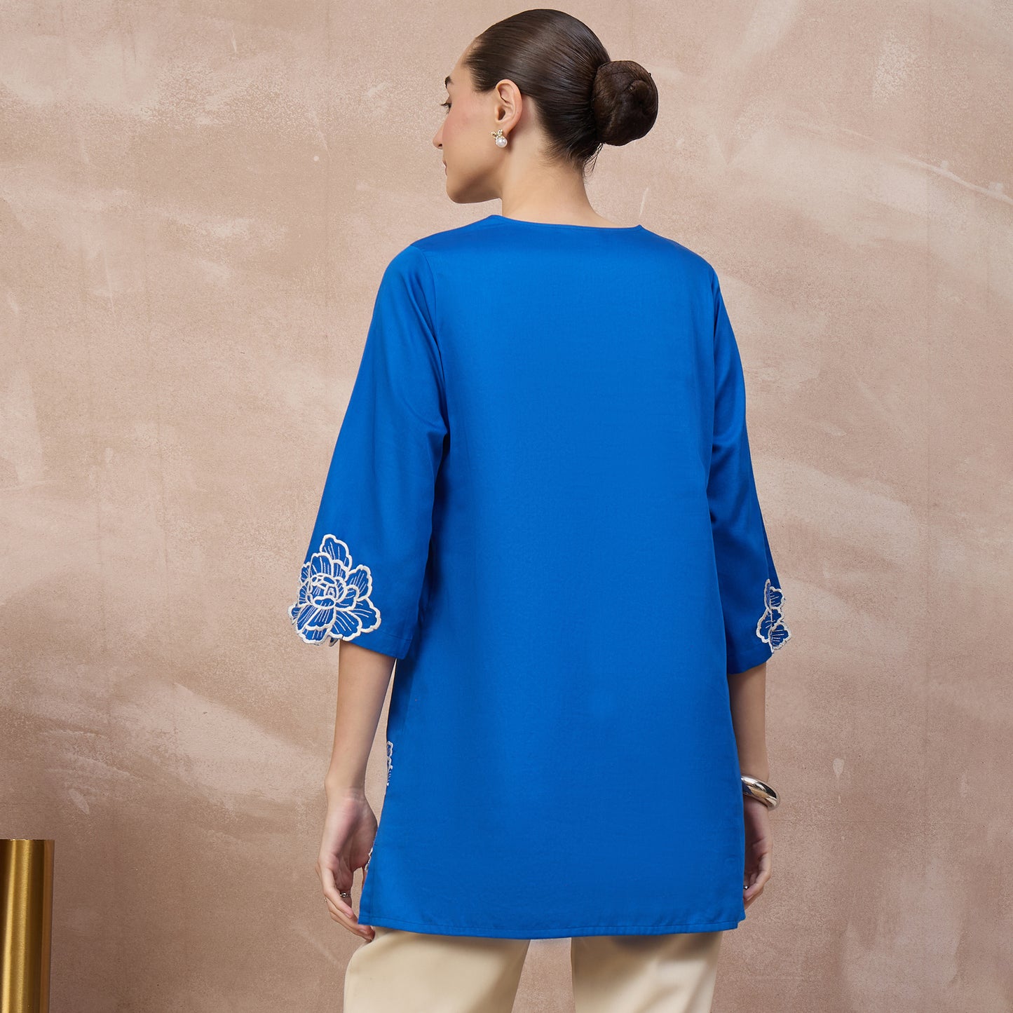 Blue Top for Women – Cotton Satin – Detail View | First Resort by Ramola Bachchan