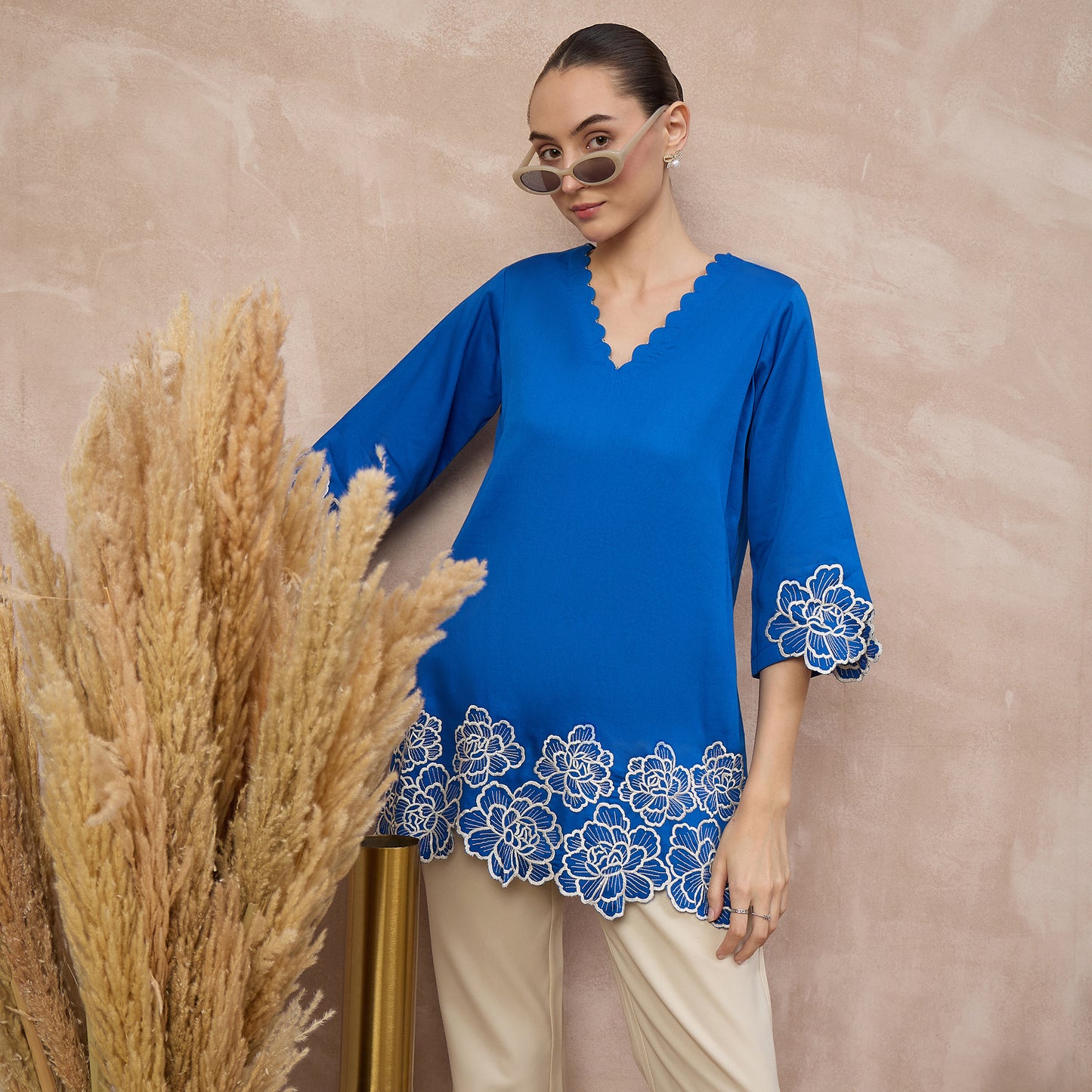 Blue Top for Women – Cotton Satin – Close Up | First Resort by Ramola Bachchan