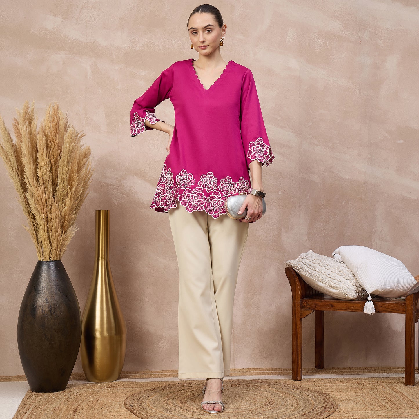 Pink Top for Women – Cotton Satin – Front View | First Resort by Ramola Bachchan