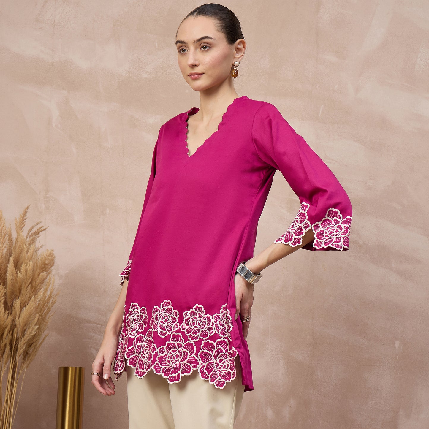 Pink Top for Women – Cotton Satin – Model View | First Resort by Ramola Bachchan