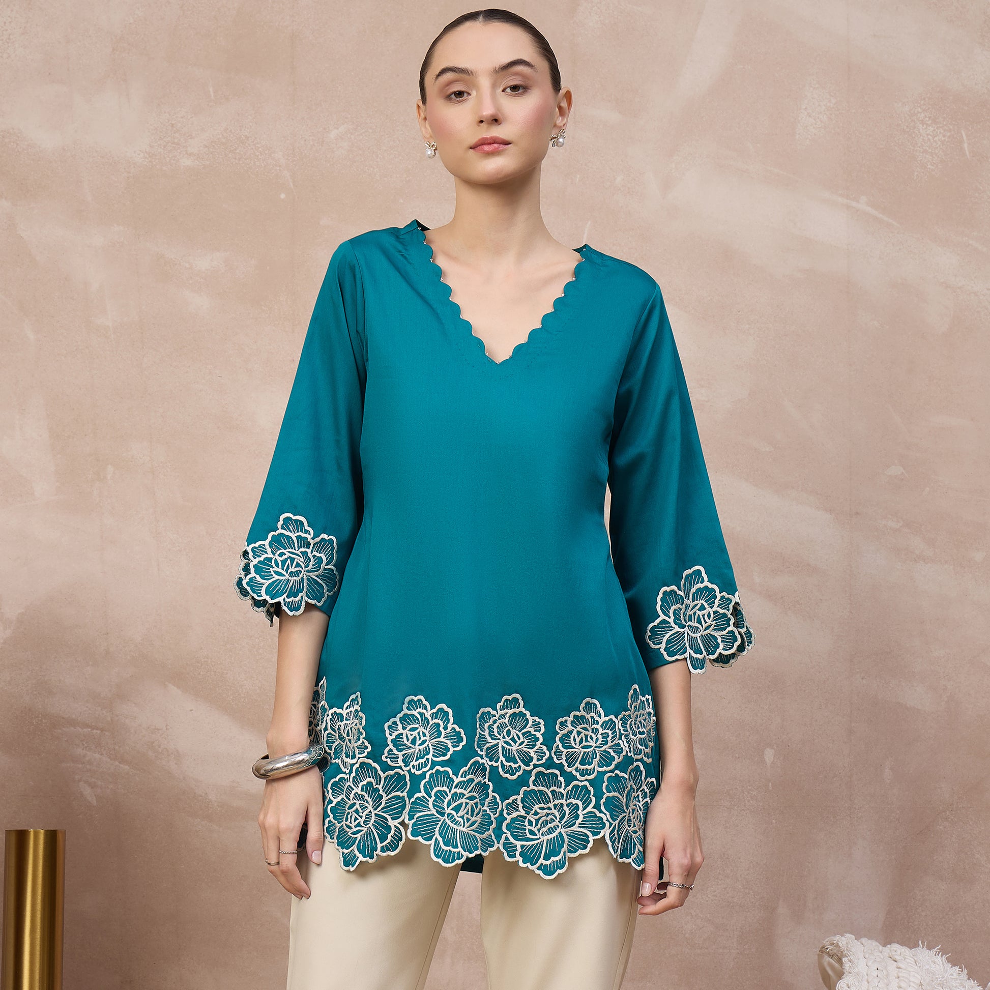 Teal Top for Women – Cotton Satin | First Resort by Ramola Bachchan