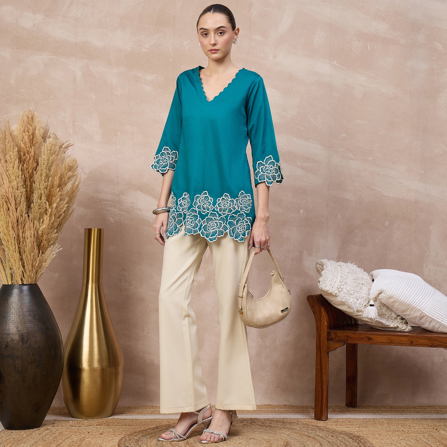 Teal Top for Women – Cotton Satin – Front View | First Resort by Ramola Bachchan