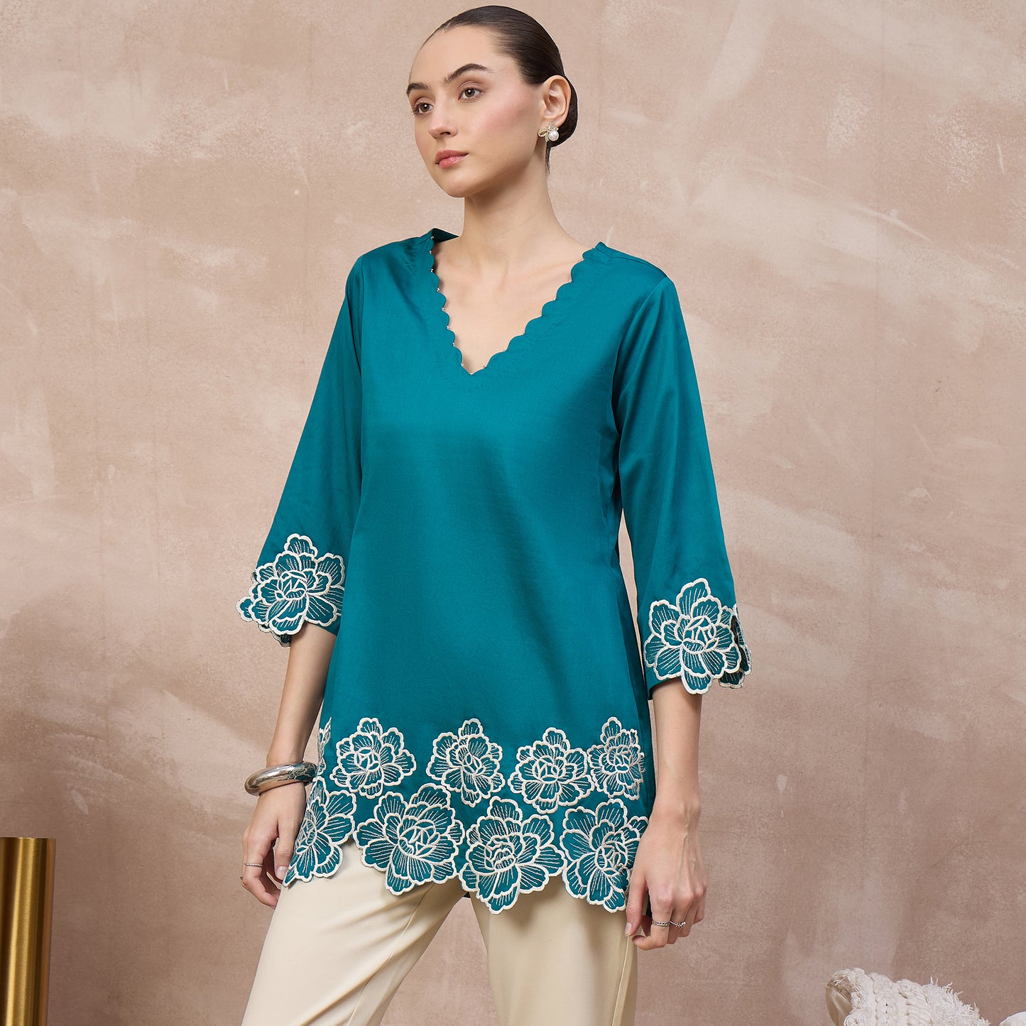 Teal Top for Women – Cotton Satin – Model View | First Resort by Ramola Bachchan