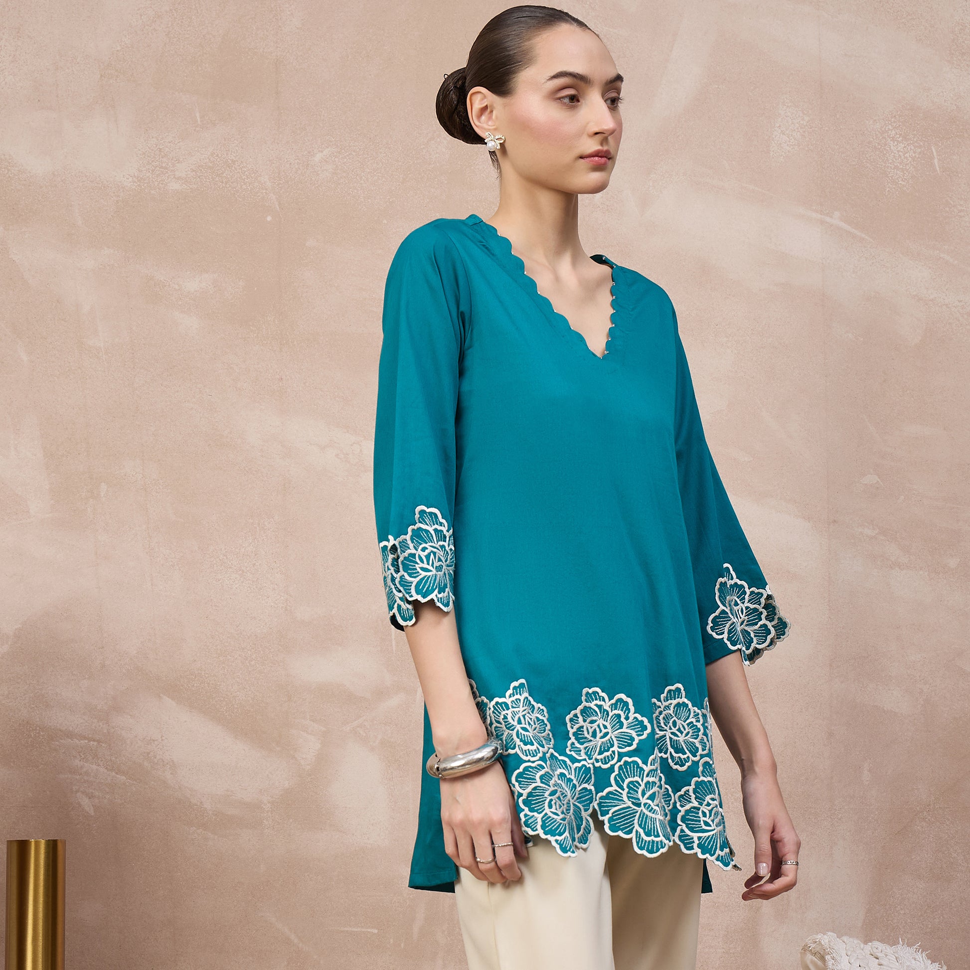 Teal Top for Women – Cotton Satin – Side View | First Resort by Ramola Bachchan