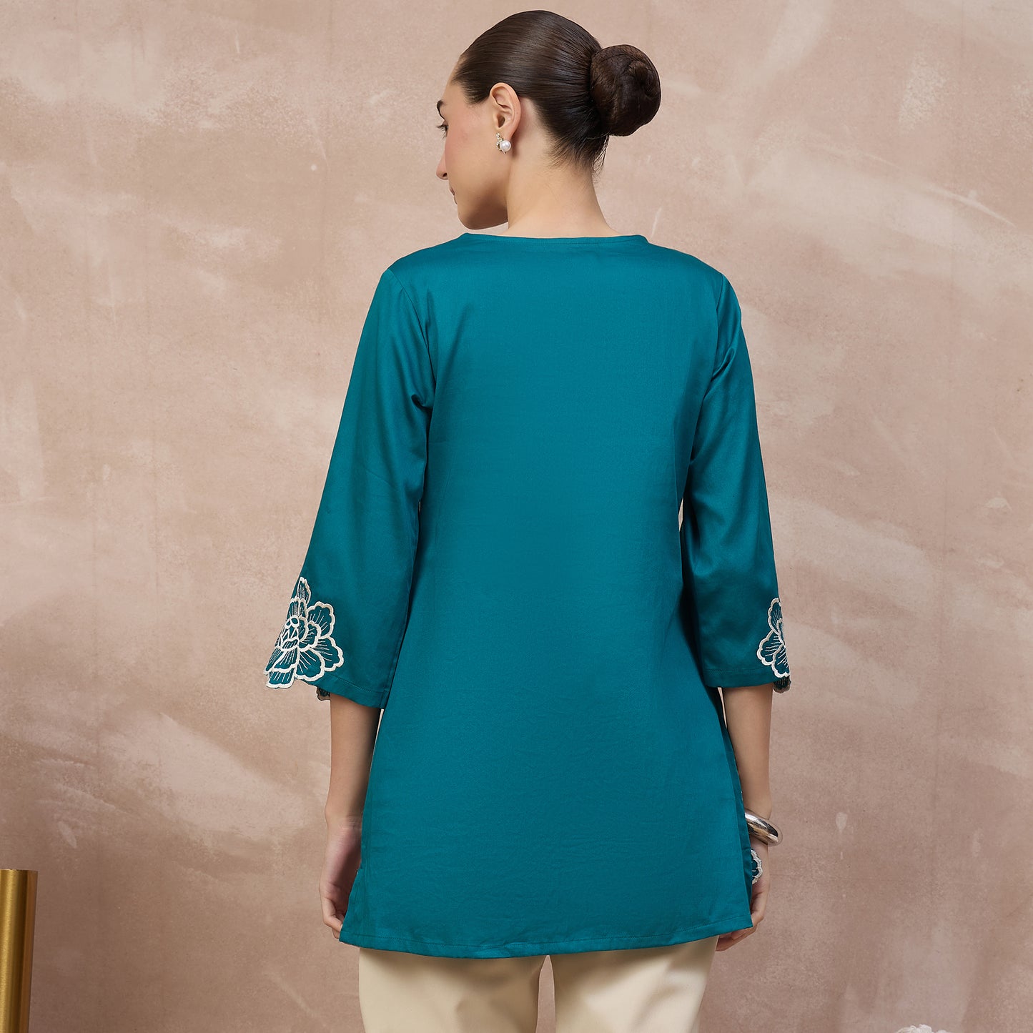 Teal Top for Women – Cotton Satin – Detail View | First Resort by Ramola Bachchan