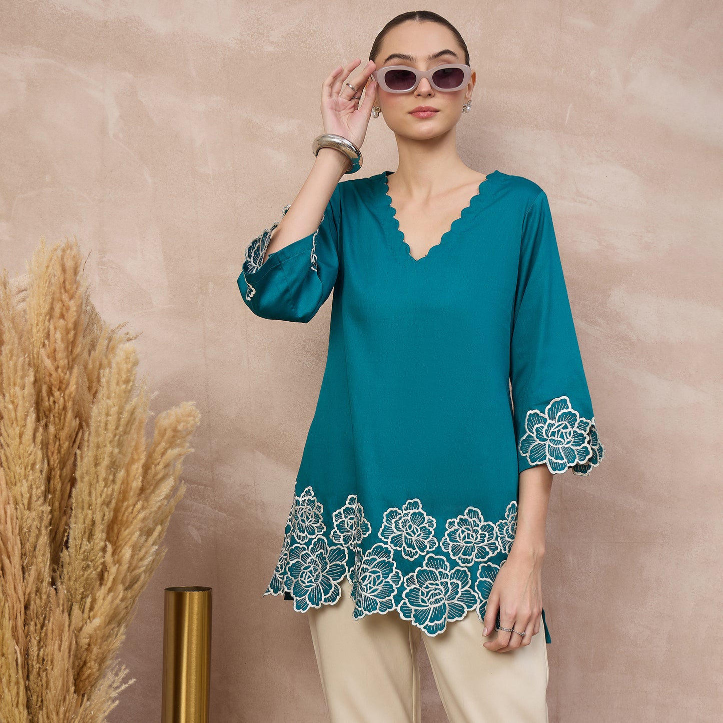 Teal Top for Women – Cotton Satin – Back View | First Resort by Ramola Bachchan
