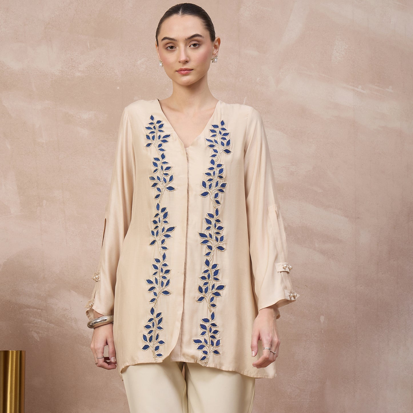 Beige and Blue Top for Women – Bamberg Modal Satin | First Resort by Ramola Bachchan