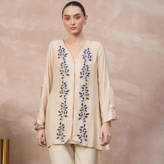 Beige and Blue Top for Women – Bamberg Modal Satin | First Resort by Ramola Bachchan