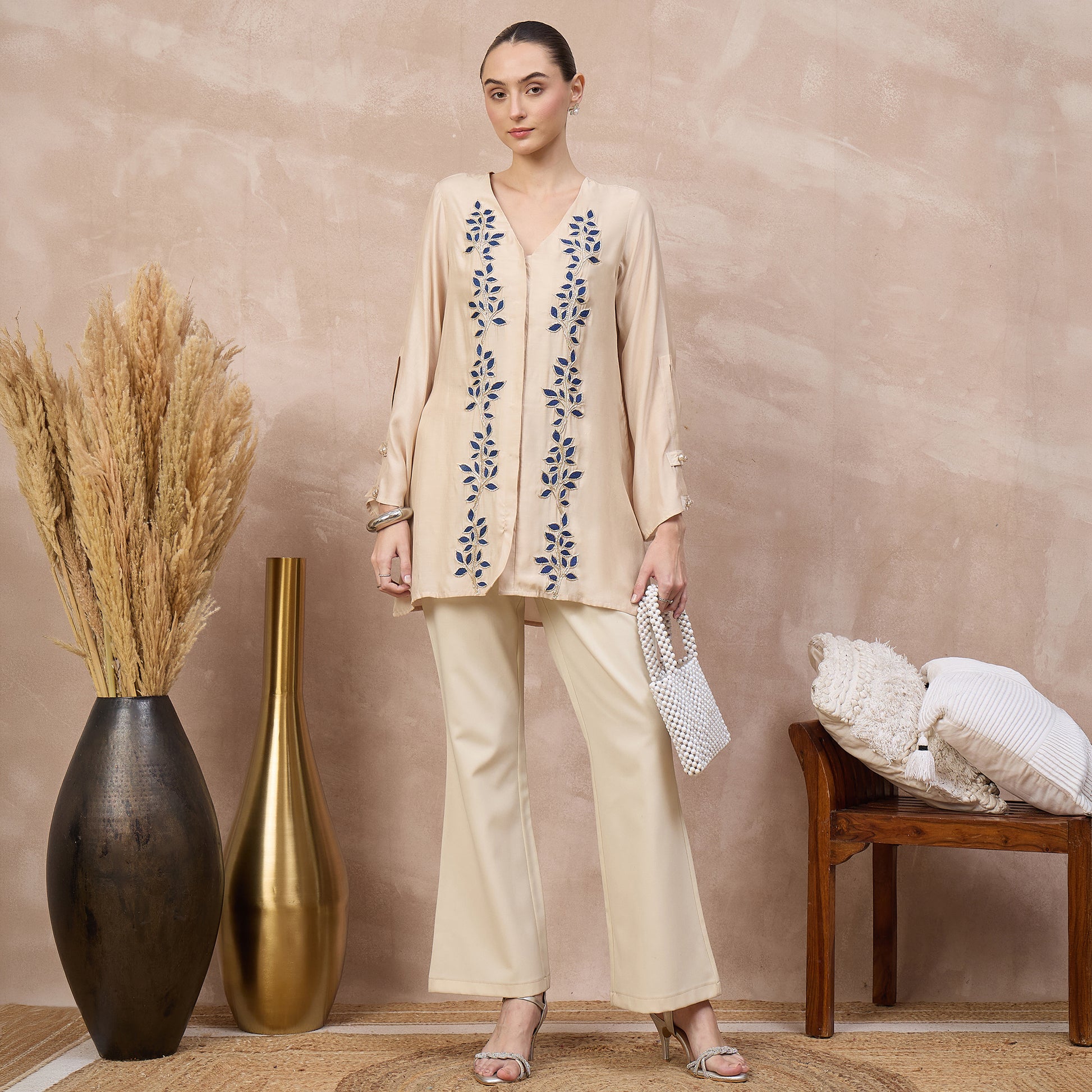 Beige and Blue Top for Women – Bamberg Modal Satin – Front View | First Resort by Ramola Bachchan