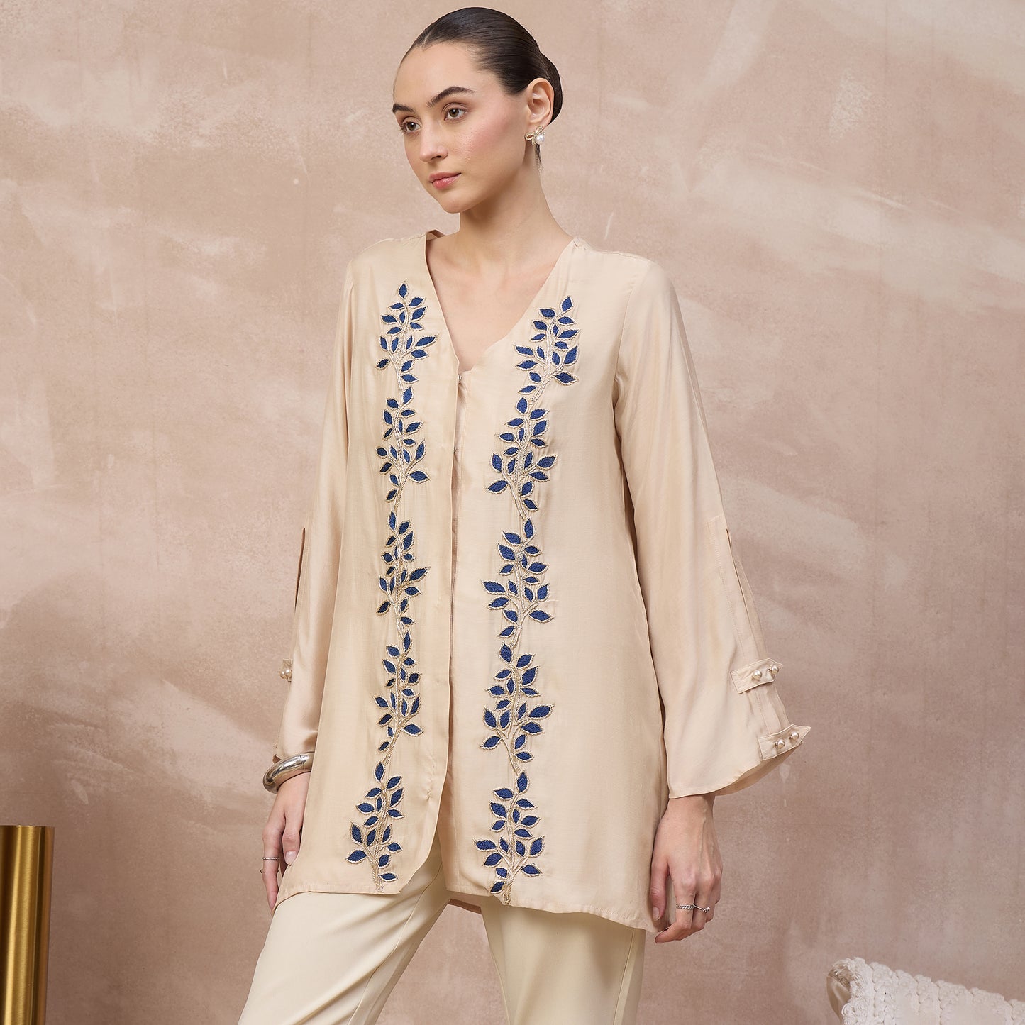 Beige and Blue Top for Women – Bamberg Modal Satin – Model View | First Resort by Ramola Bachchan