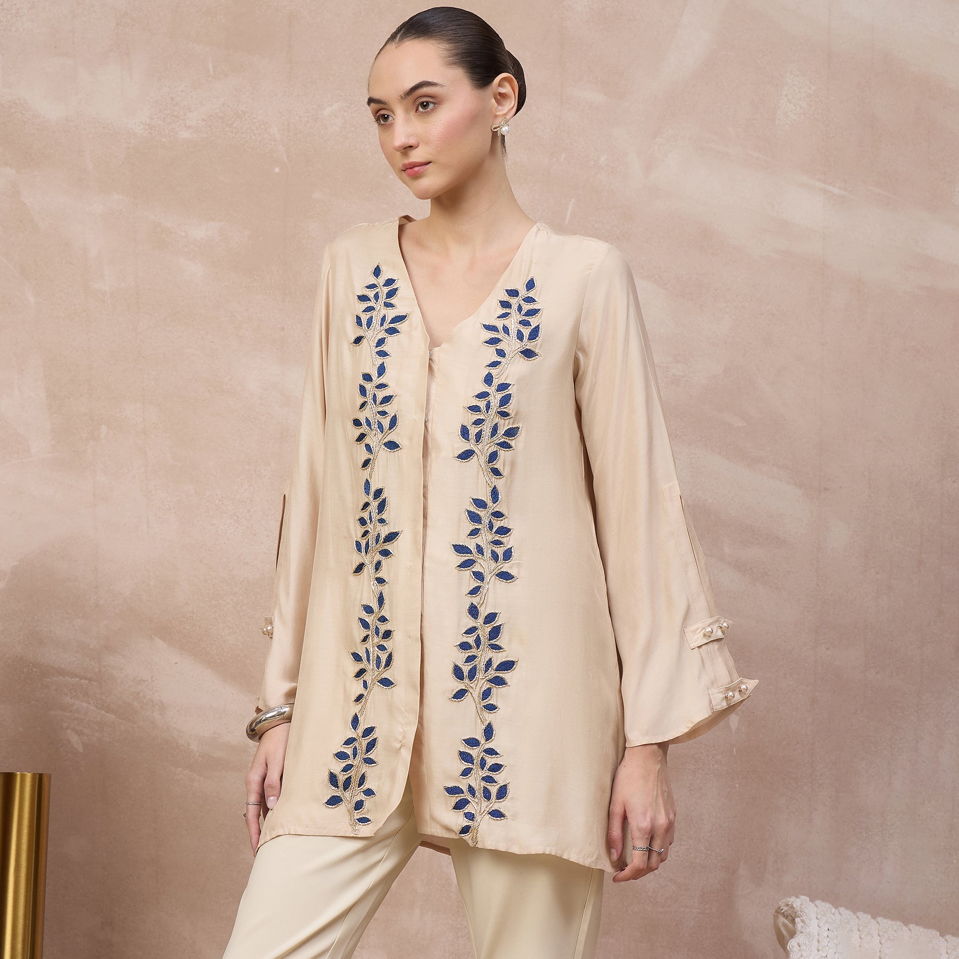 Beige and Blue Top for Women – Bamberg Modal Satin – Model View | First Resort by Ramola Bachchan