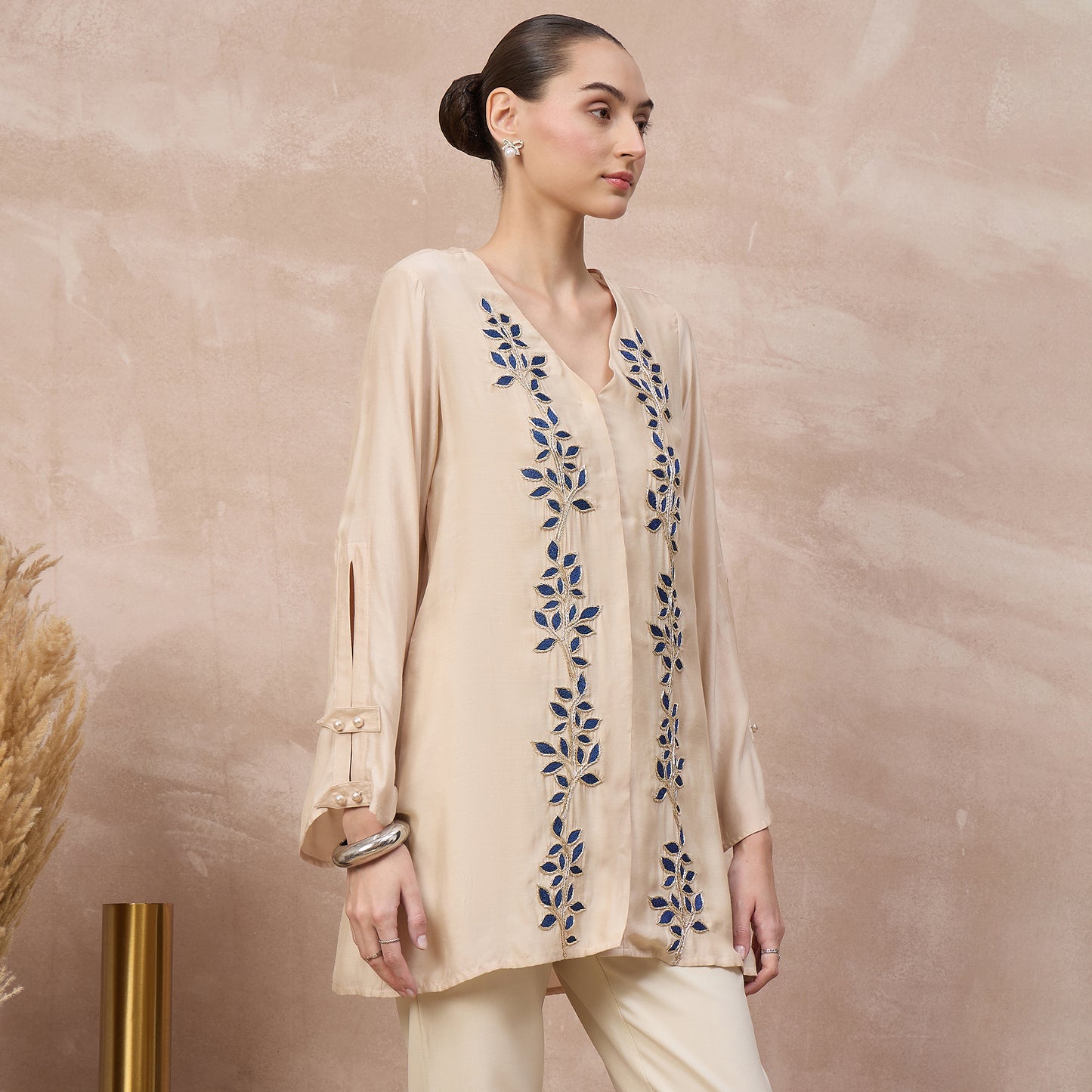 Beige and Blue Top for Women – Bamberg Modal Satin – Side View | First Resort by Ramola Bachchan
