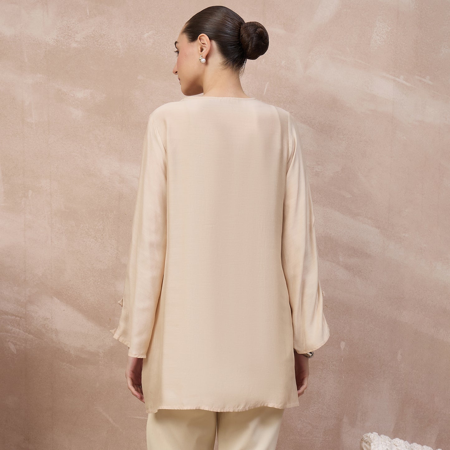 Beige and Blue Top for Women – Bamberg Modal Satin – Detail View | First Resort by Ramola Bachchan