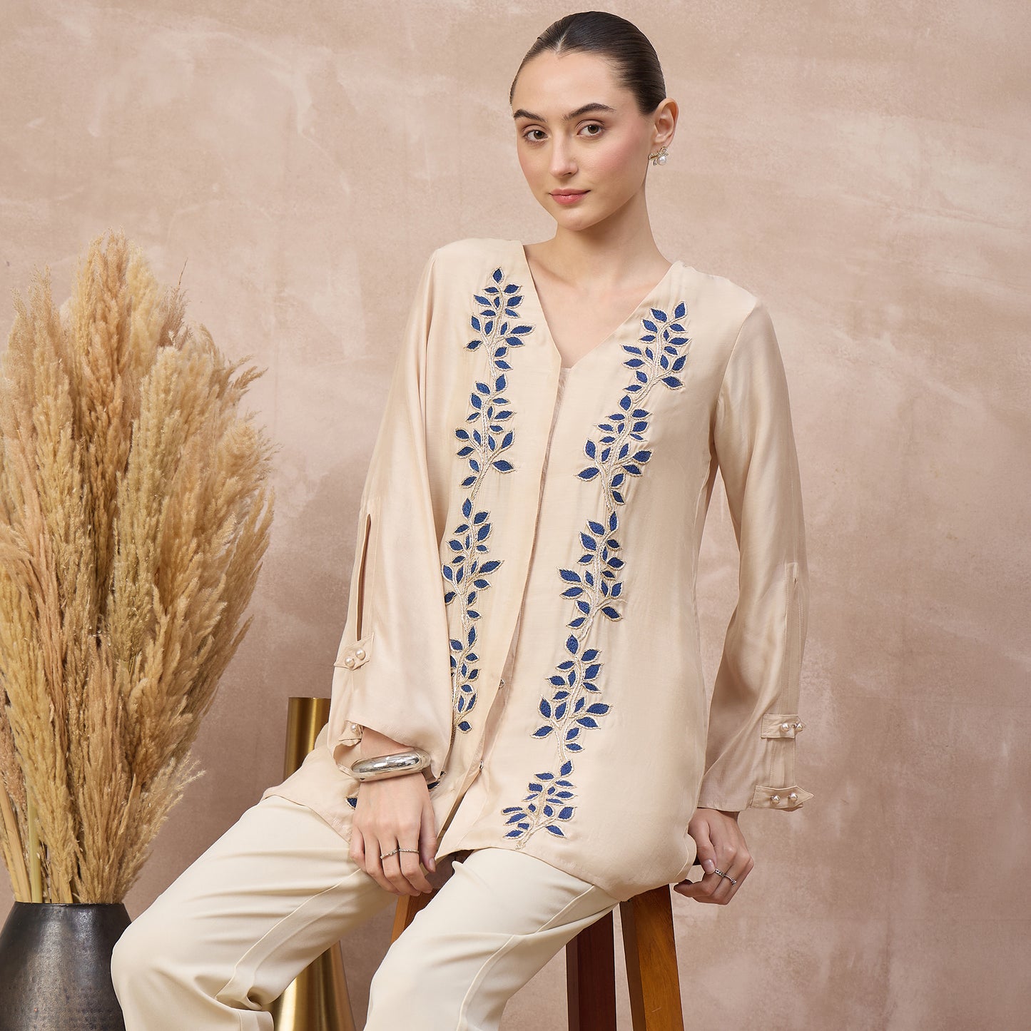 Beige and Blue Top for Women – Bamberg Modal Satin – Back View | First Resort by Ramola Bachchan