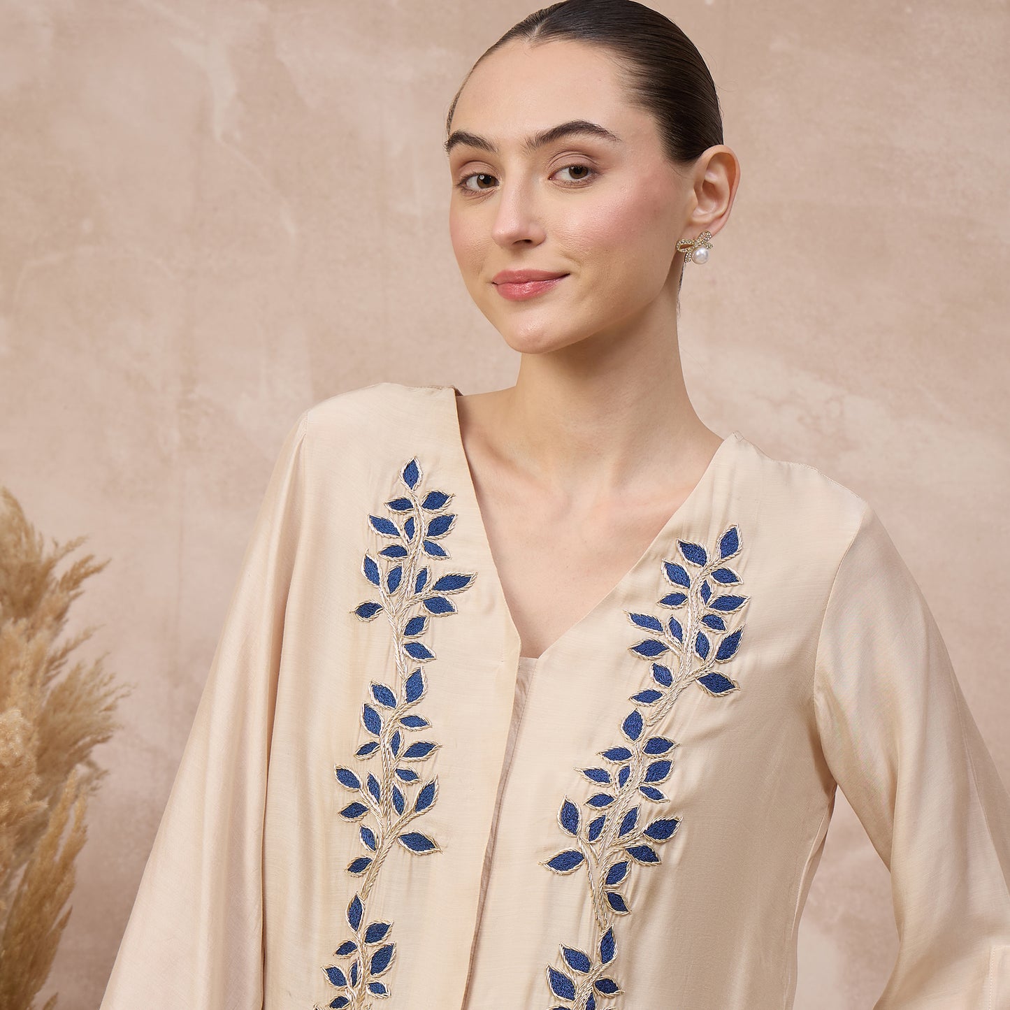 Beige and Blue Top for Women – Bamberg Modal Satin – Close Up | First Resort by Ramola Bachchan