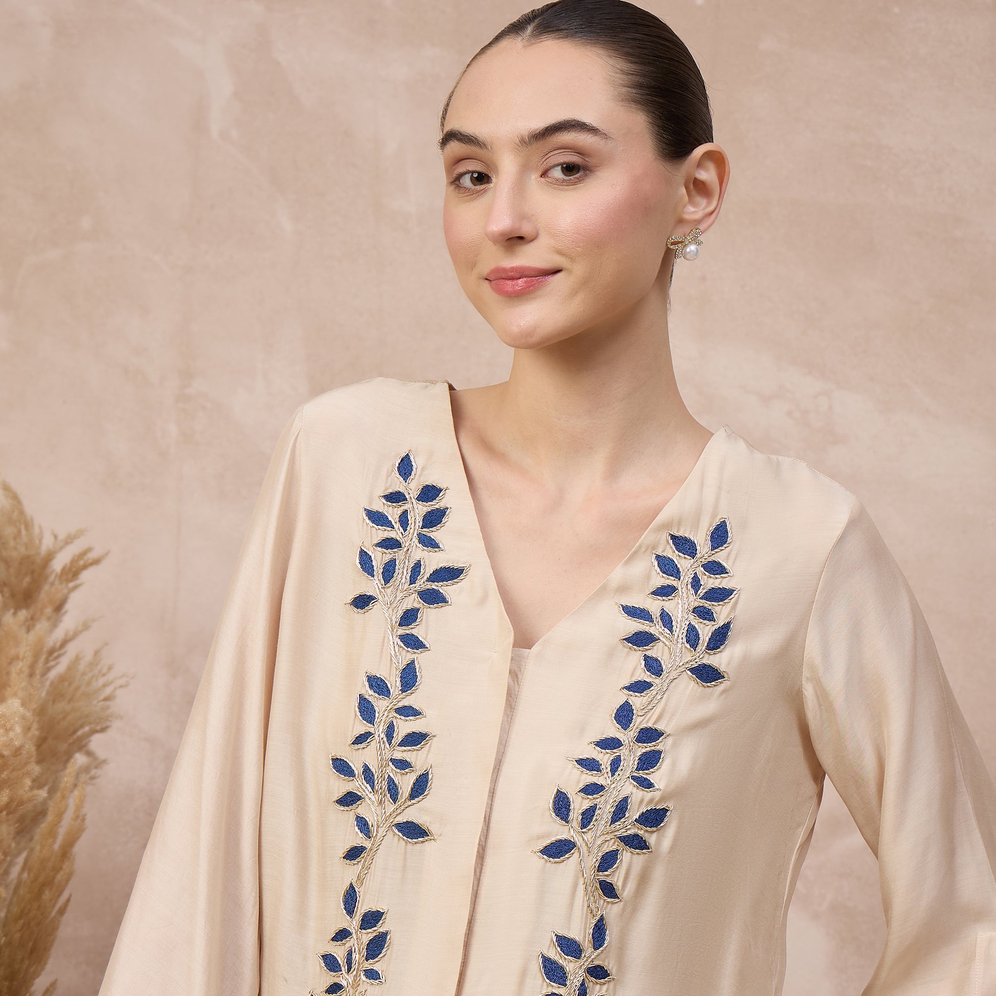 Beige and Blue Top for Women – Bamberg Modal Satin – Close Up | First Resort by Ramola Bachchan